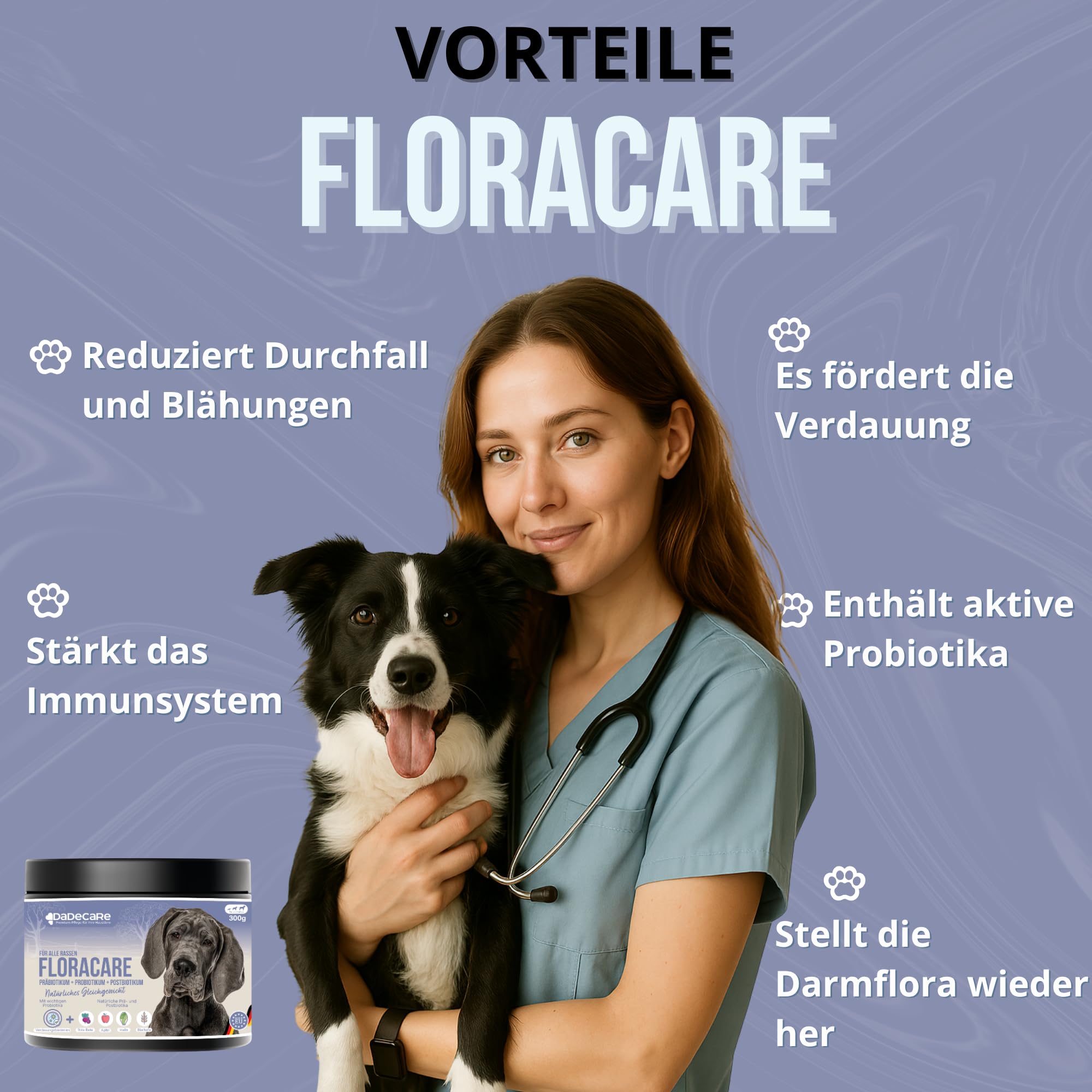 Floracare Probiotika für Hunde, Pulver, 300 g, repariert Darmflora und verbessert die Verdauung, reduziert Durchfall und Stress, ideal nach Behandlungen oder Futterwechsel mit Präbiotika und