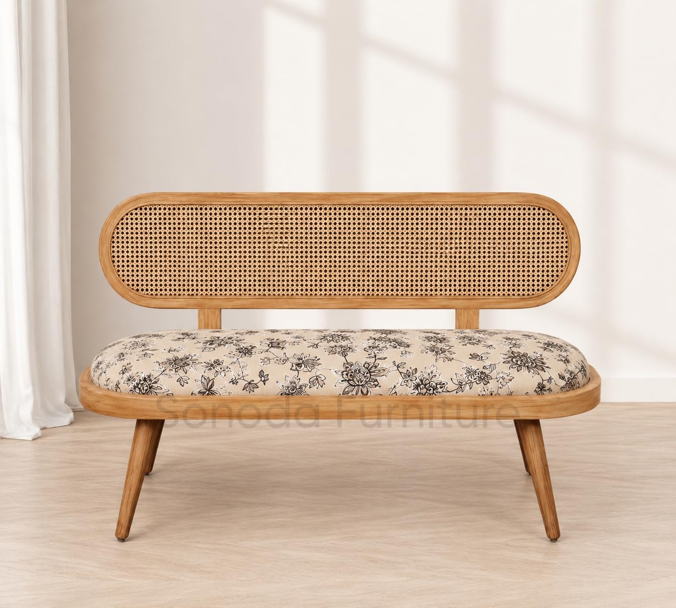 Lira Rattan Solid Wood Bench for Living Room | Wooden Cane Settees Sofa 2 Seater with Cushion Seating | Sheesham Wood Natural Finish (White with Print, Natural Finish)-picture-23
