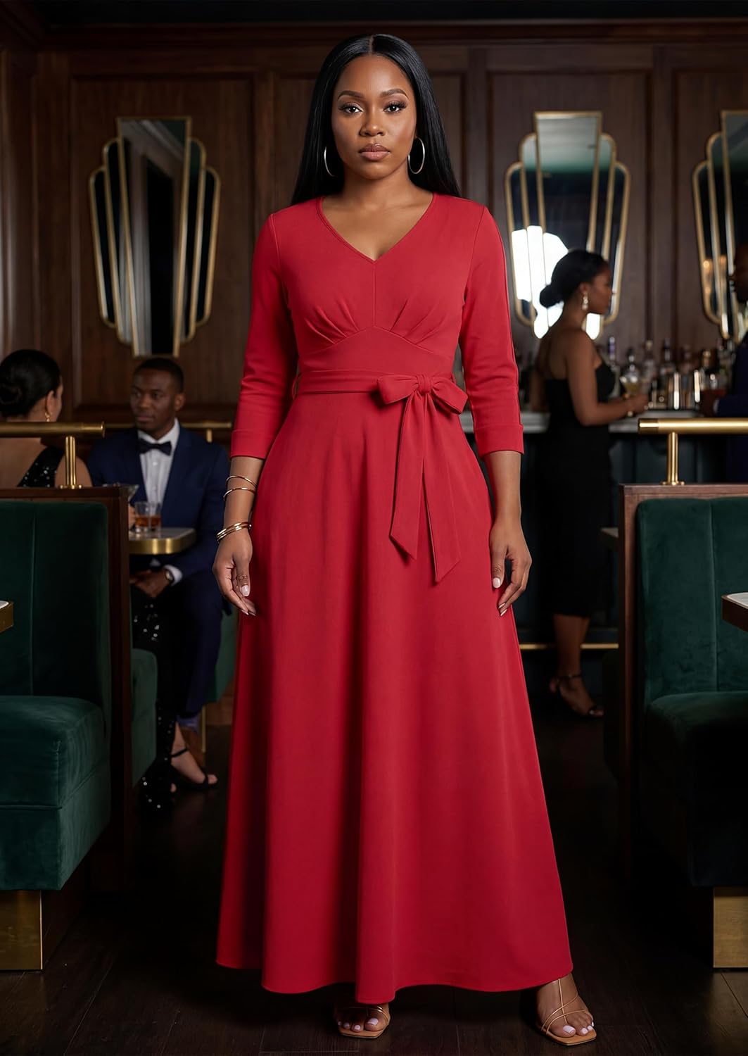 MarryUP Maxi Dress for Women 3/4 Sleeves V-Neck Semi Formal Church Long Casual Dresses with Pockets