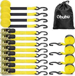 Ratchet Tie Down Strap 15 Ft - 500 lbs Load Cap with 1500 lbs Breaking Limit, Ohuhu Ratchet Tie Downs Logistic Cargo Straps for Moving Appliances, Motorcycle (Yellow, 8-Pack)