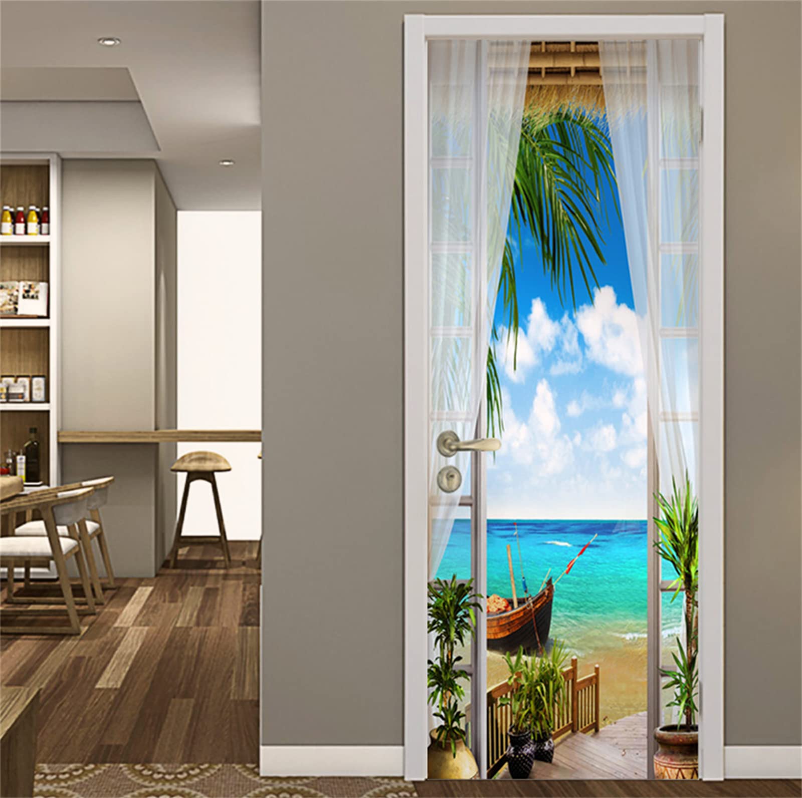 FLFK 3D Vista mare Autoadesiva Adesivo per porta 77x200cm(Set di 2 fogli)-Murale Foto Adesivo da parete decalcomania Salotto Camera da letto arredamento