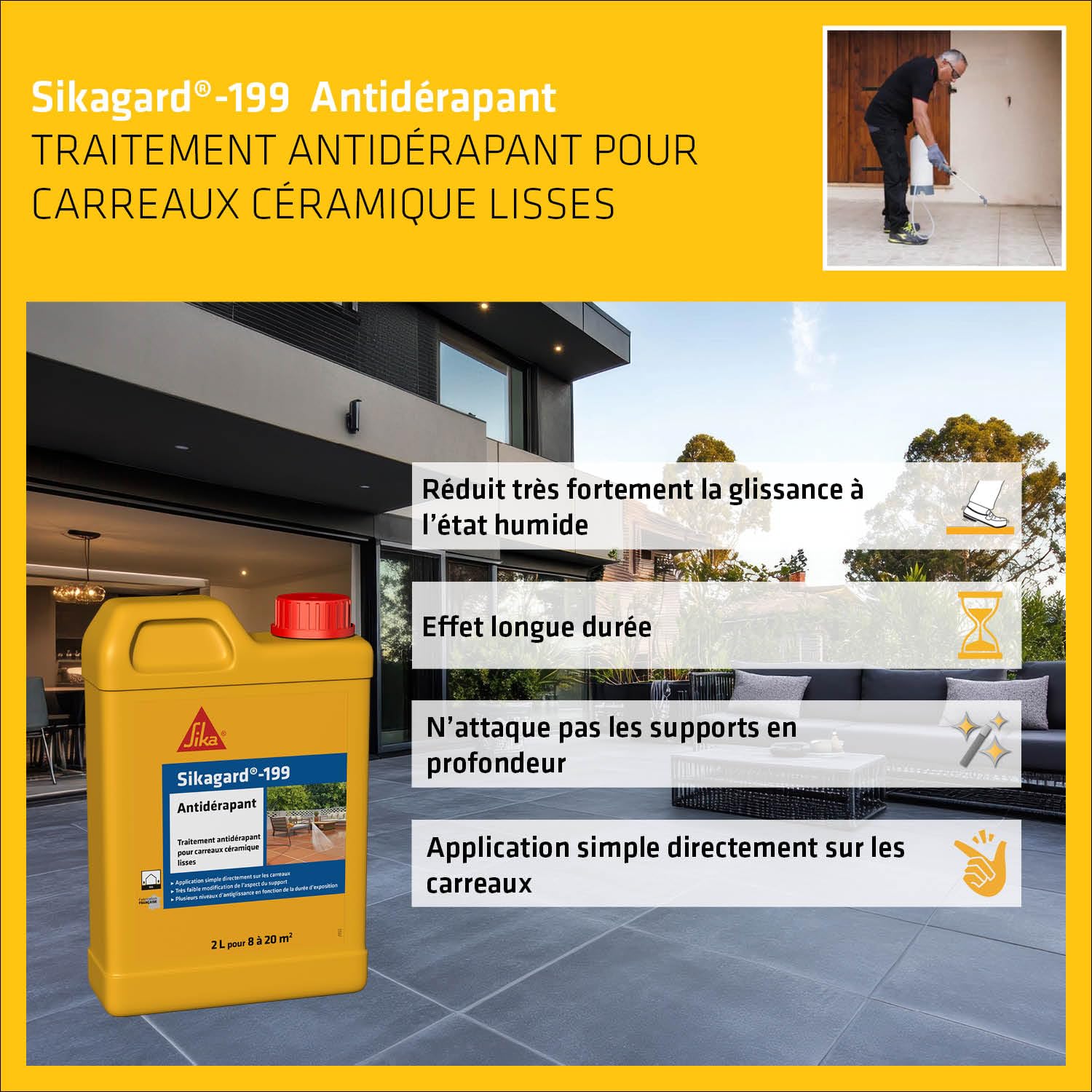 SIKA - Traitement Antidérapant prêt à l'emploi - Sikagard-199-2L | Pour carrelage lisses en terrasses, piscine, marches d'escalier, rampes d'accès - Intérieur & Extérieur - 8 à 20m²