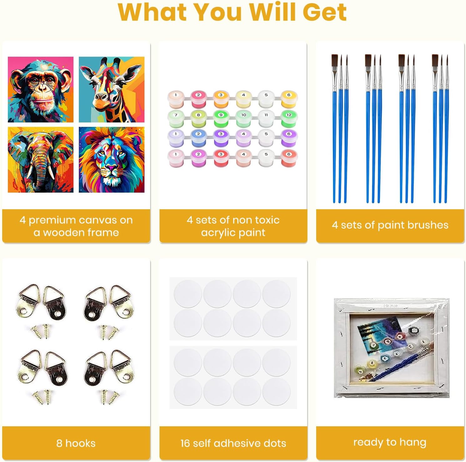 TLIOBLO 4 Pack Colorful Animals Paint by Number Kit for Adults with Frames, DIY Colorful Animals Adult's Painting by Number Kits on Canvas for Home Wall Decor Gift 20x20cm