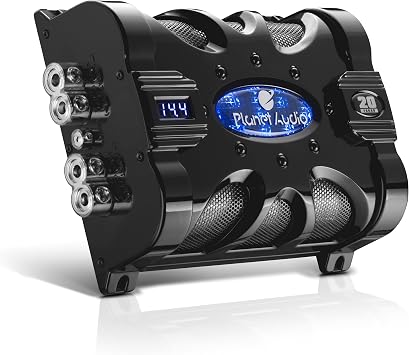 Planet Audio PC20F Car Capacitor - 20 Farad, Energy Storage, Enhance Bass from Stereo, Warning Tones, LED Voltage Meter