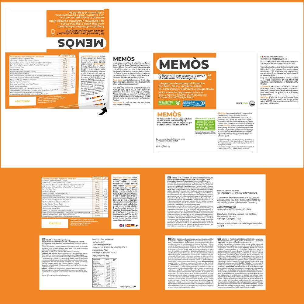 Agips Memos Integratore Memoria concentrazione e Stanchezza Mentale. Ideale per Studiare Contro lo Stress Ricostituente Ginko Biloba Vitamina B. 10 flaconi