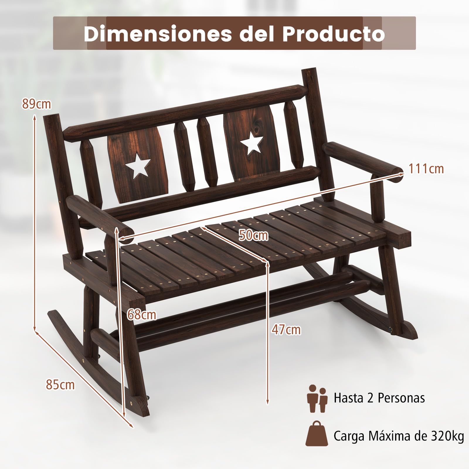 COSTWAY Banco Mecedora Jardin Exterior de 2 Plazas, Banco Madera Carbonizada con Respaldo y Reposabrazos, Banco Jardin Patio Terraza Porche, Carga 320 kg, 111 x 85 x 89 cm, Marrón Rústico