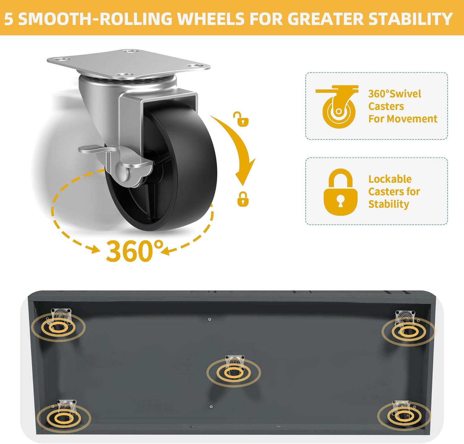 Diagram illustrating the five smooth-rolling wheels, with two lockable casters, for the kitchen island, showing 360-degree swivel capability.