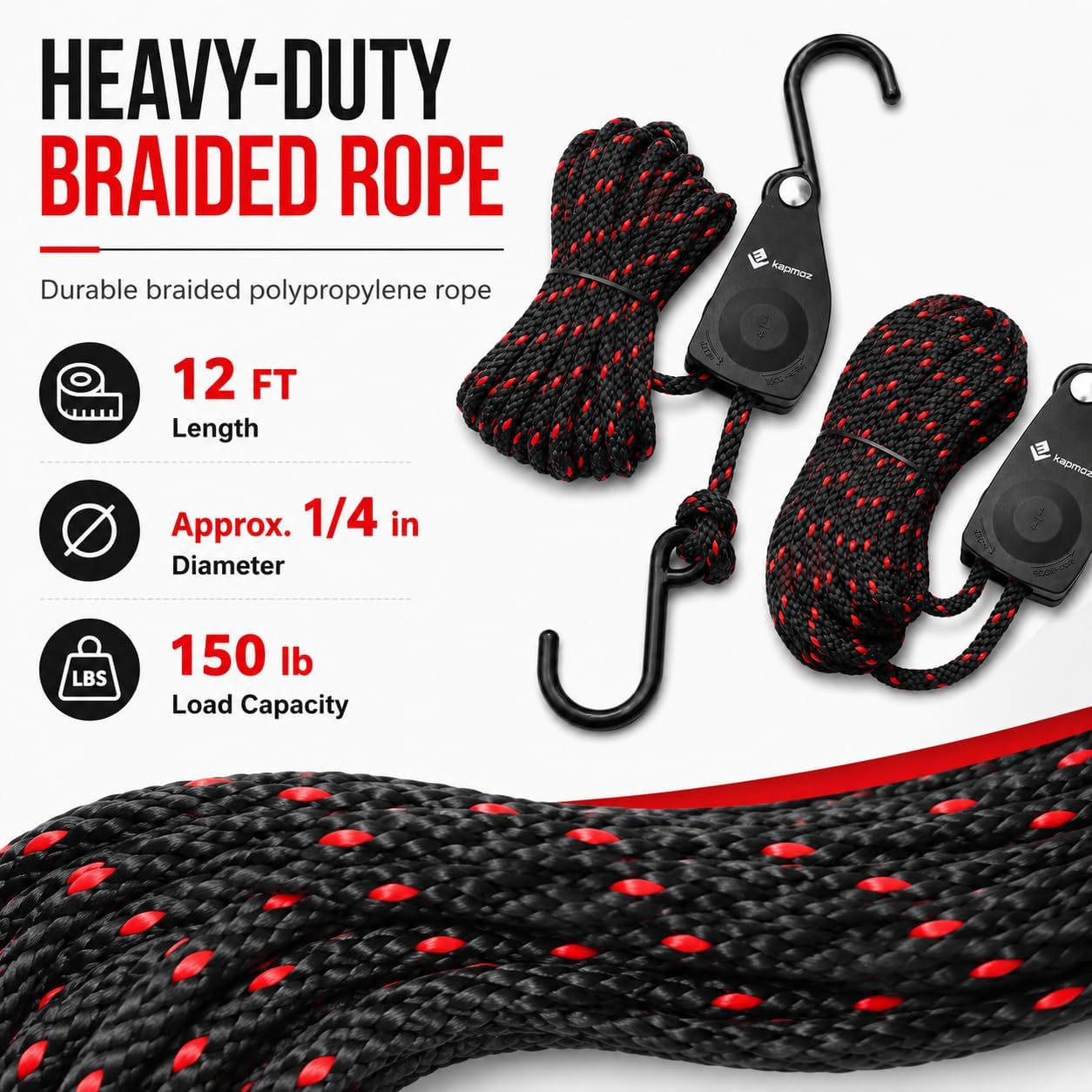 Adjustable Rope Tie Down Straps, Ratchet Hangers,Kayak Tie Downs Straps for Canoe Boat Truck SUV Roof Rack Tarp Camping Grow Light Garage Storage (1/4" 12 Feet, 2pack)