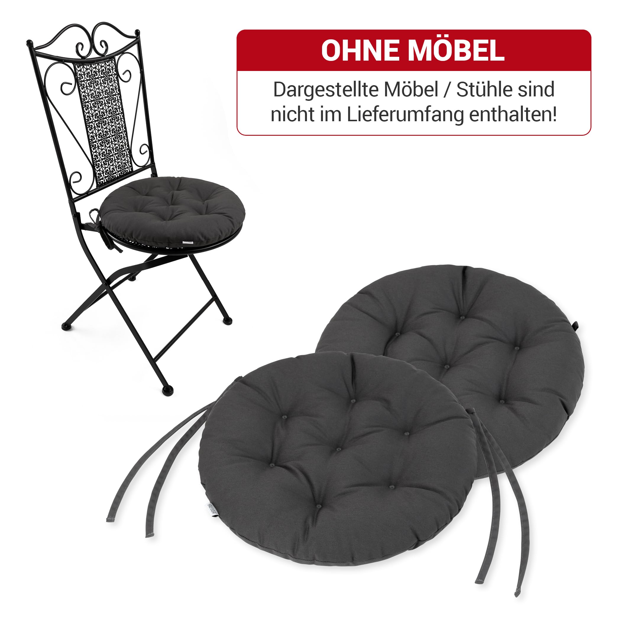 Sitzkissen Rund 40cm - 2er Set - Bequeme Sitzkissen Outdoor - Waschbar bis 95°C, Wetterfest, Orthopädisch - Made in Germany (2er Set - Ø 40cm, Grau/Anthrazit)
