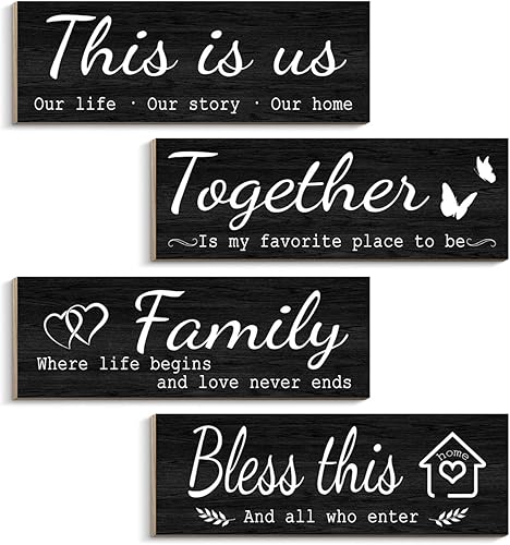 COLOR VALLEY ART 4 carteles grises para decoración de pared para el hogar, This is UsTogetherBless This HomeFamily Wooden Wall Hanging, decoración