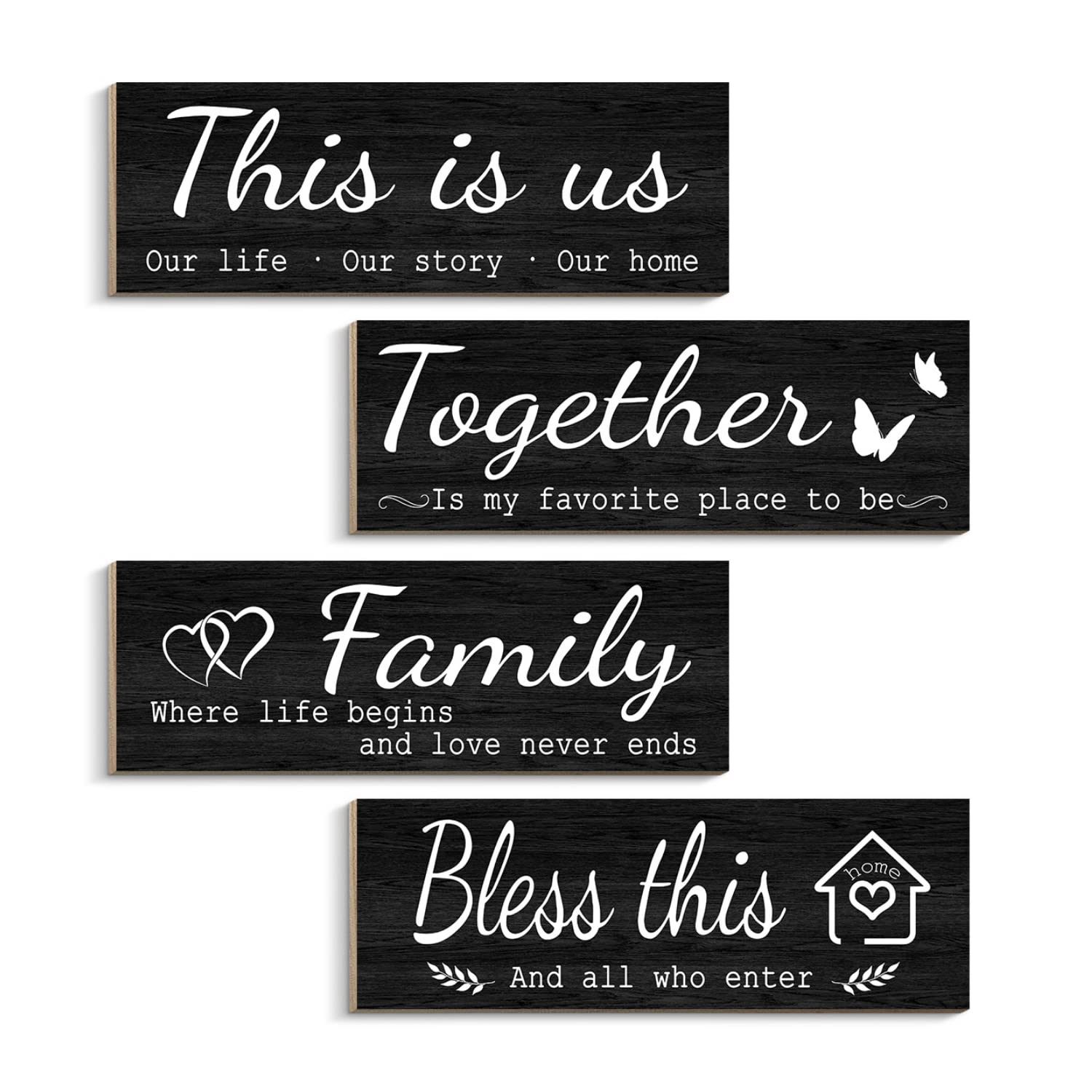 COLOR VALLEY ART - 4 Pieces Home Wall Signs, THIS IS US/TOGETHER/BLESS THIS HOME/FAMILY Wall Decor For Living Room Bedroom, Rustic Wooden Farmhouse Wall Art, 4.7 x 13.8 Inch (Black)