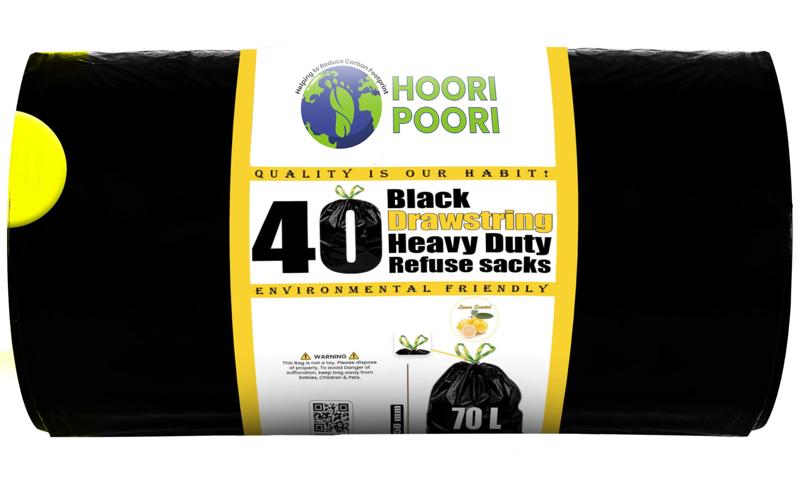 HooriPoori 70L Heavy Duty Black Drawstring Bin Bags, 40 per Roll, Recycled LDPE, Model Hoori70D