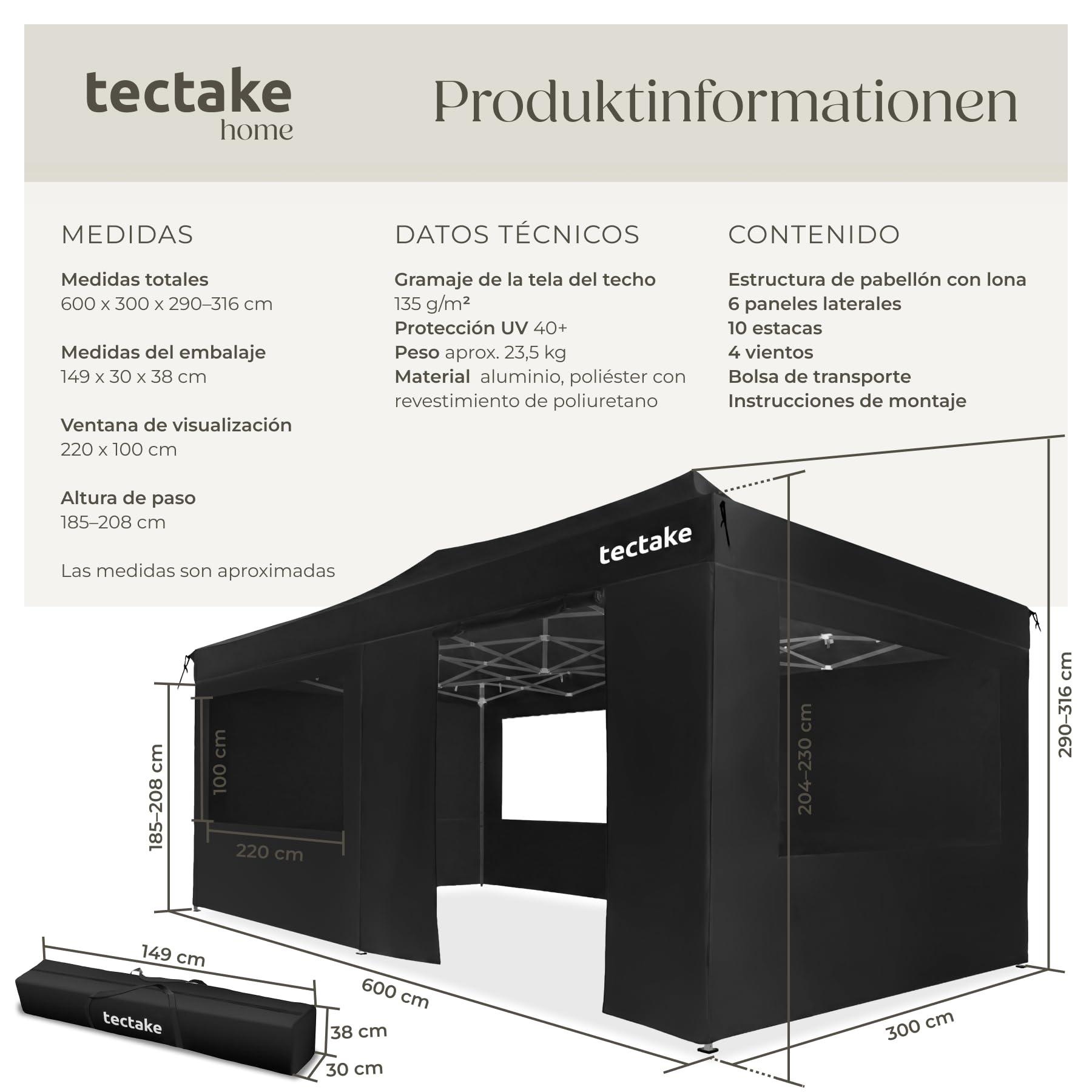 tectake® Carpa Plegable 600 x 300 x 290-316 cm, Cenadores para Jardin, 6 Paneles Laterales Desmontables, 3 Ventanas, Carpas para Exteriores, Pergolas de Jardin, Carpa Playa, Toldo Playa - Negro