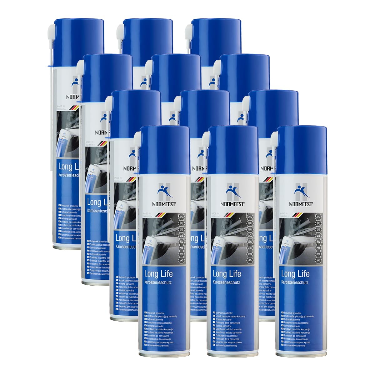 Normfest Long Life – Karosserieschutz auf Wachsbasis, schnelltrocknend, wasserverdrängend und extrem Abriebfest, transparenter Schutzfilm für Bleche, Karosserieteile & Oldtimerpflege – 12x 400ml