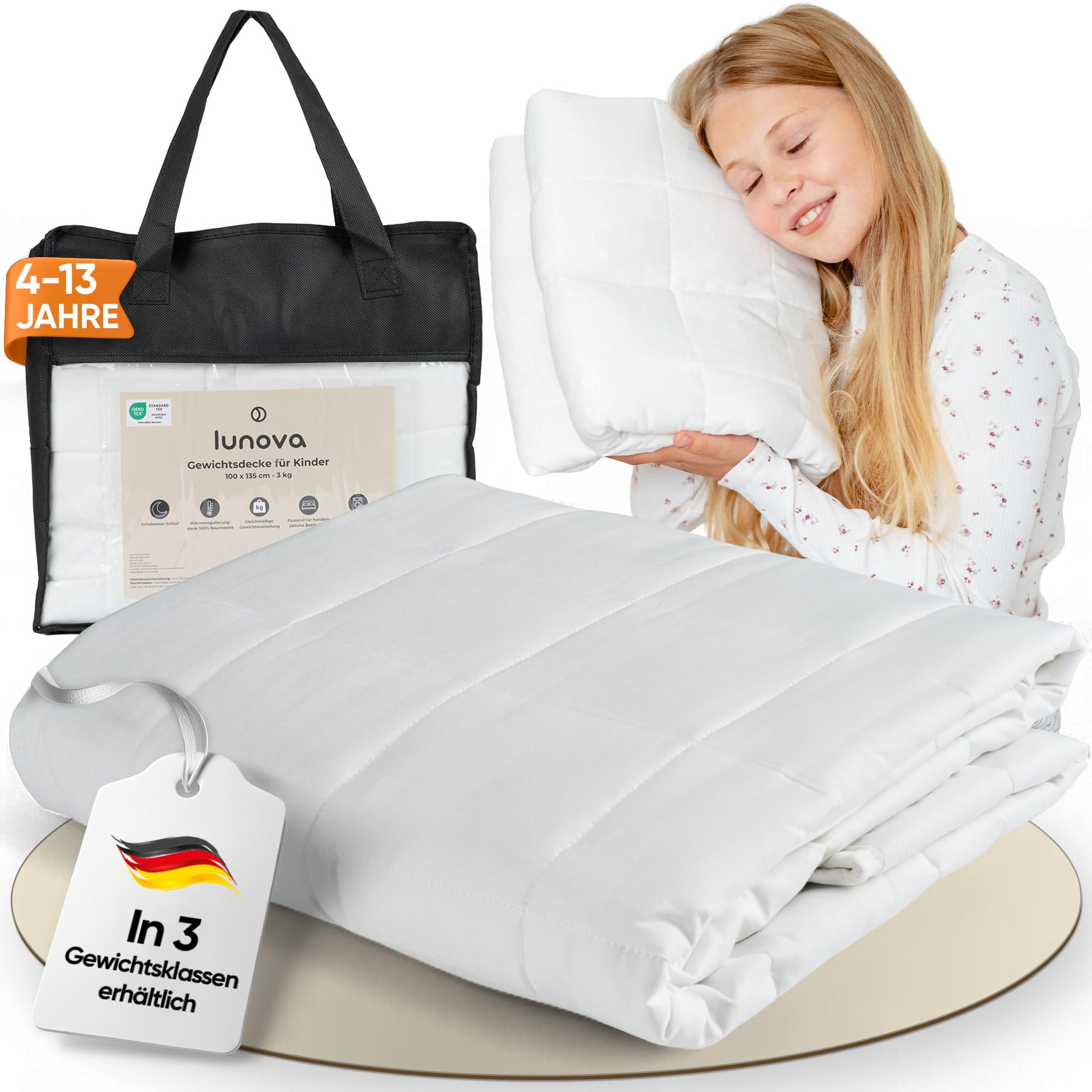 LUNOVA Kids Weighted Blanket 3 kg (100 x 135 cm) | Heavy Blanket for Relaxed Sleep & Safety | Washable Oeko-Tex Cotton, Ideal for Body Weight 25-35 kg |