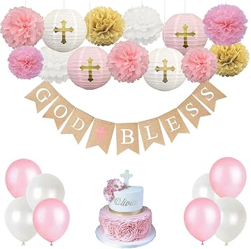 CHRORINE Baptism Decorations First Communion Confirmation Decorations Bautizo Decorations God Bless Banner Pink