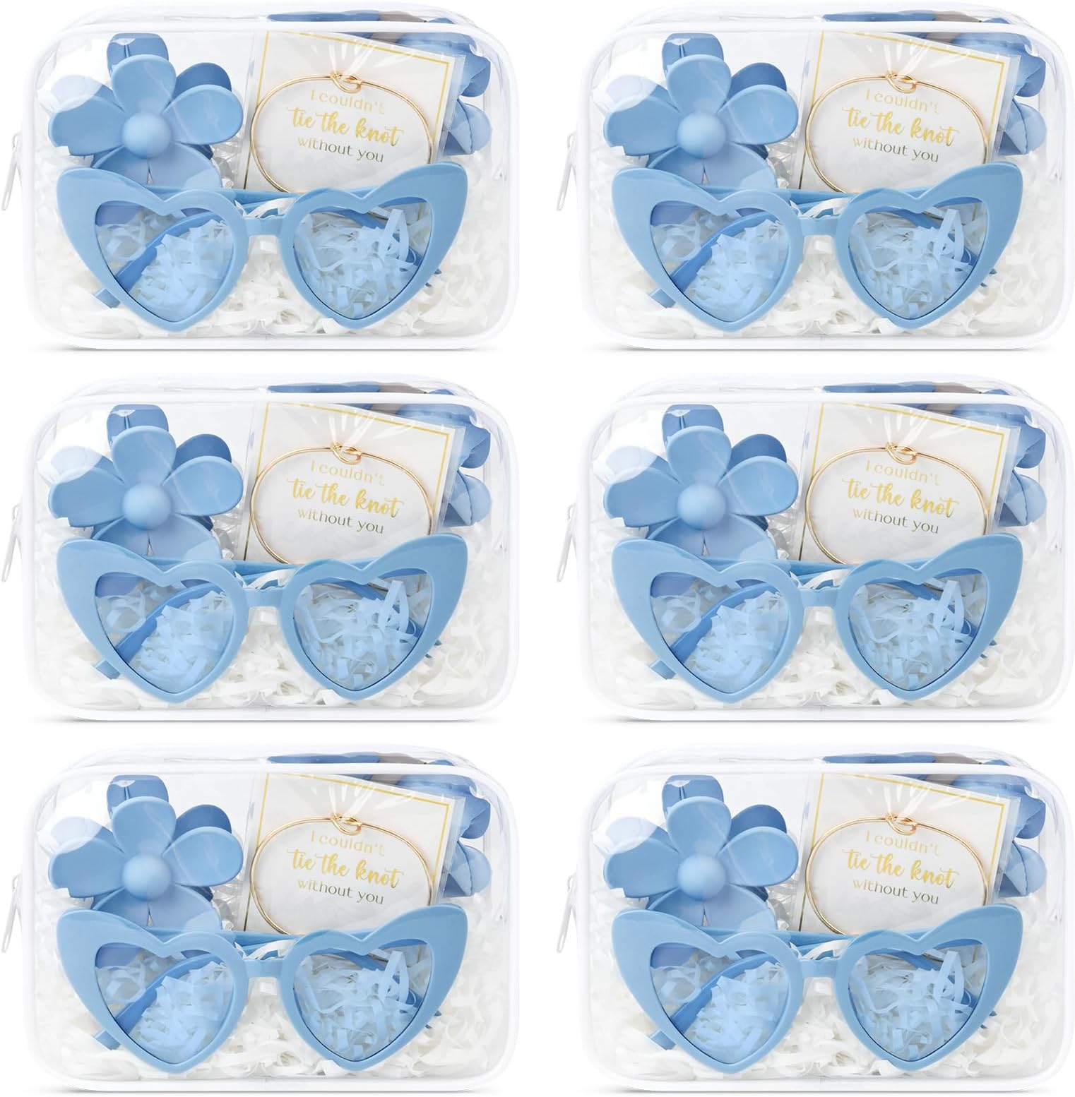 DEEKA 30 Pcs Bridesmaid Proposal Bag Set Gift Clear Makeup Toiletry Bag Bachelorette Party Favors Sunglasses Flower Claw Clips Scrunchies Knot Bracelets Bridal Wedding Party Gifts (Blue)