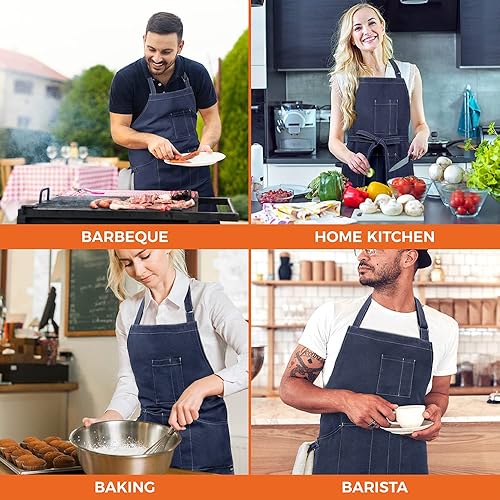 Miniatura 6 de opux Delantal de chef para hombres, delantal de cocina con bolsillos para mujer, delantal grande de lona unisex para cocinar, asar a la parrilla,