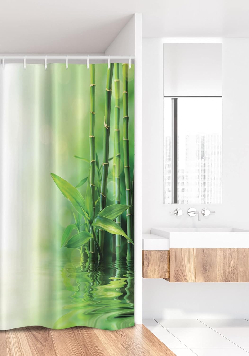 Ambesonne East Stall Shower Curtain, Bamboo Stalks Reflection on Water Blurs Freshness Japanese Nature Spa, Fabric Bathroom Decor Set with Hooks, 36" W x 72" L, Green Pale Yellow