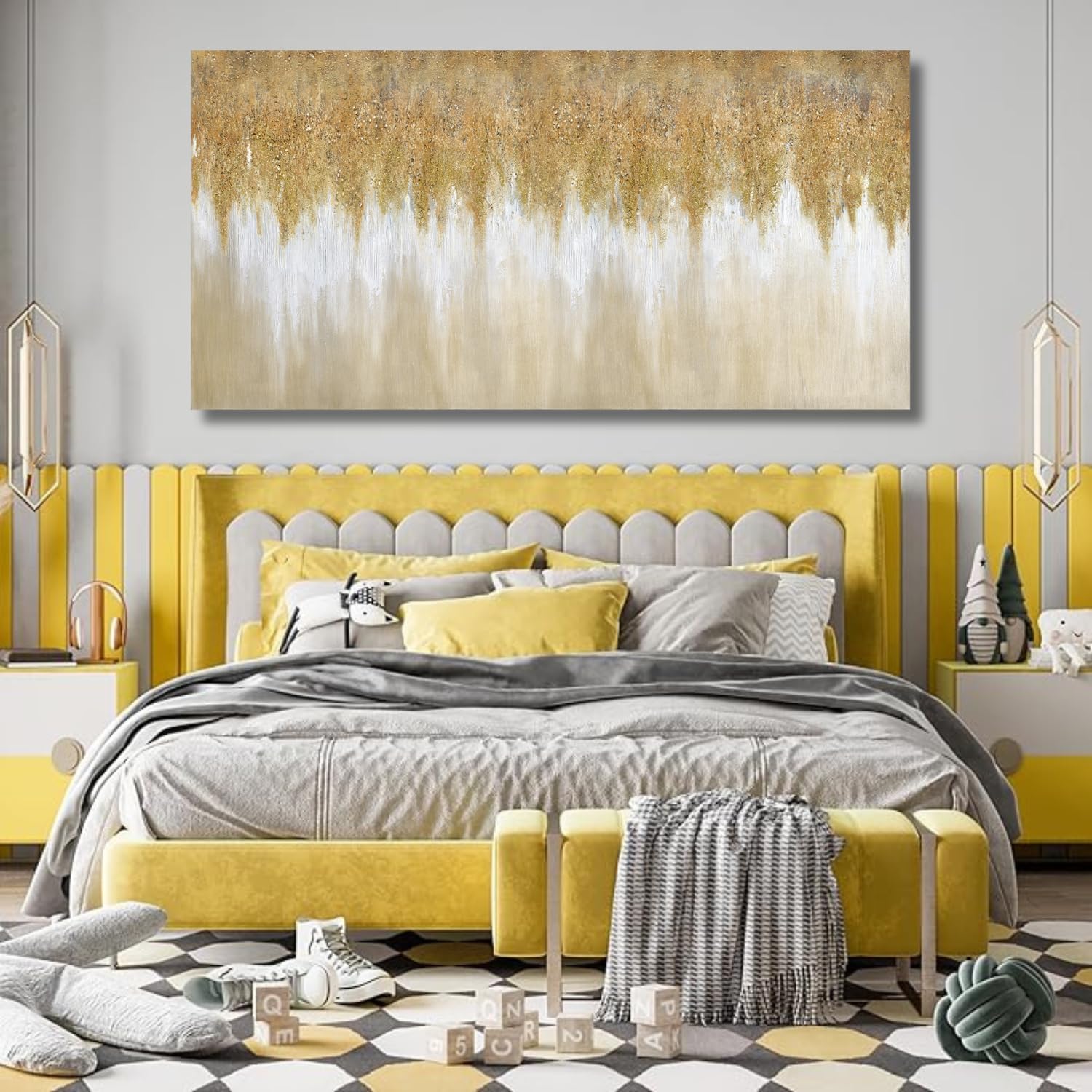 TRAIN2 ART Abstract Wall Art Gold Paintings Wall Decor 20" x 40" Minimalist Wall Art Large Artwork for Living Room Bedroom Kitchen Office