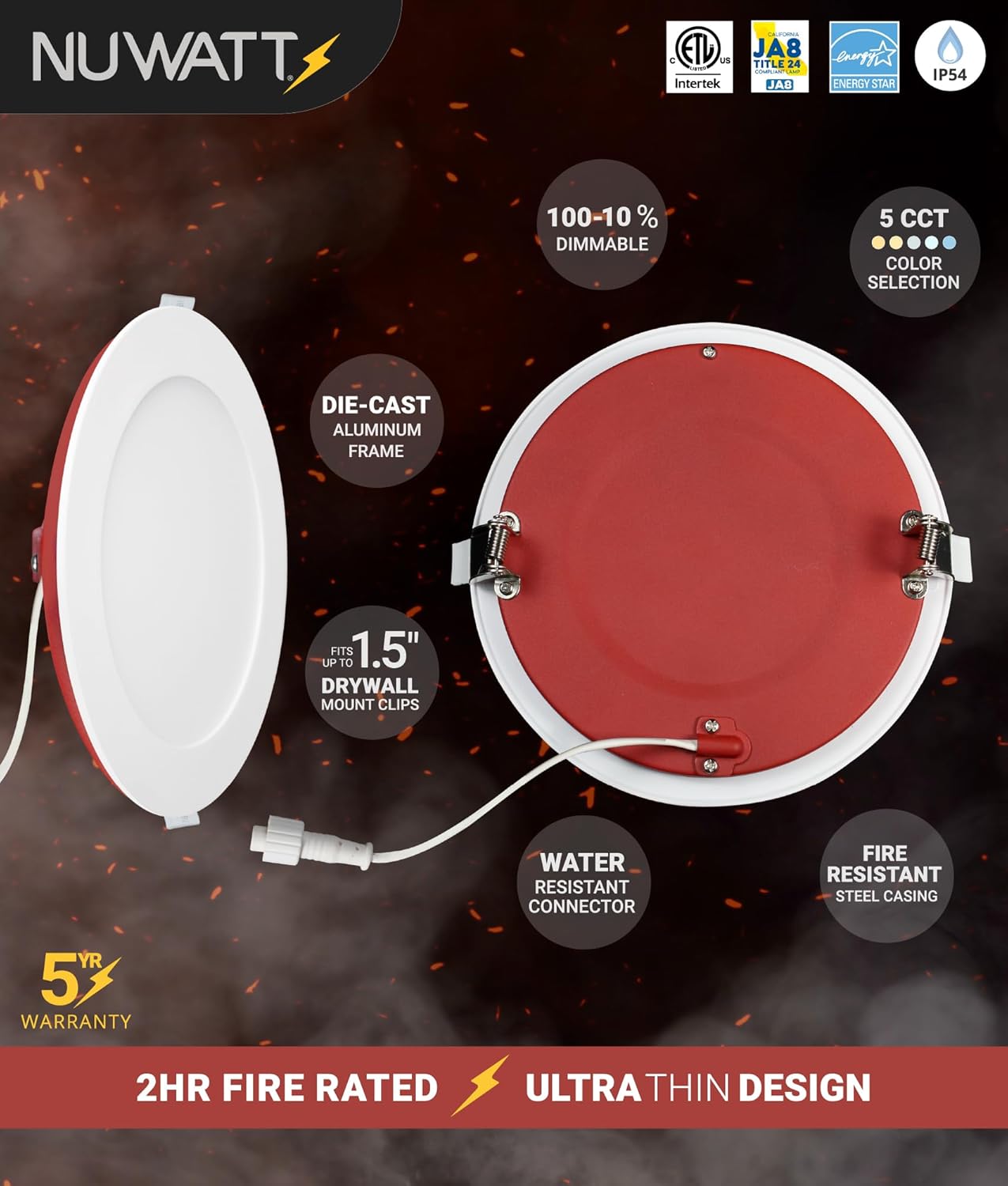 NUWATT 12 Pack 6 Inch 2 Hour FIRE Rated LED Recessed Lighting, 2700K/3000K/3500K/4000K/5000K Selectable, 1200 Lumens Dimmable, Wet & IC Rated Ultra Thin Canless LED Wafer Lights, No Fire Cone Needed - Image 3