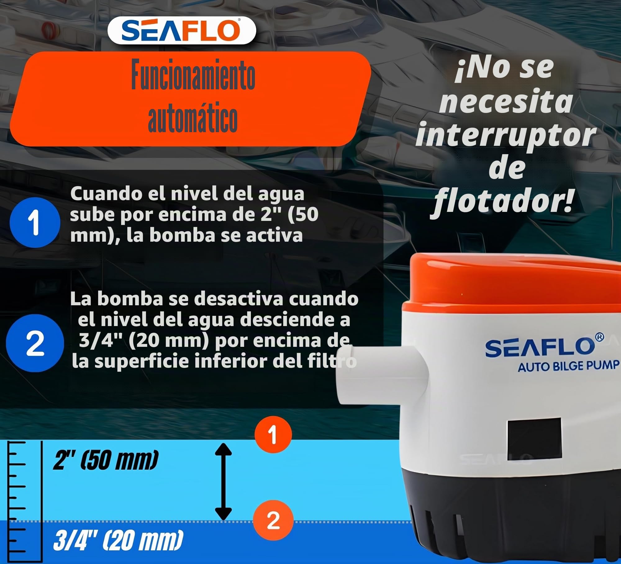 LIGHTEU Seaflo - Bomba automática de agua de sentina sumergible para barcos, 12 V, con interruptor de flotador 1100 GPH