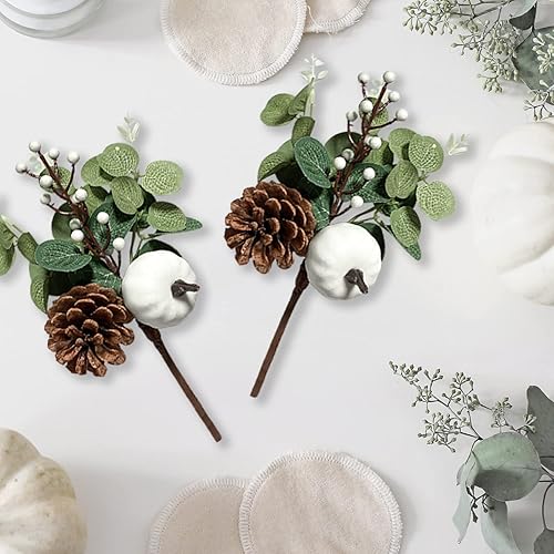 Miniatura 3 de 12 tallos de vegetación de hojas artificiales de eucalipto con piñas de calabaza blancas para decoración de mesa de boda, otoño, día de Acción de