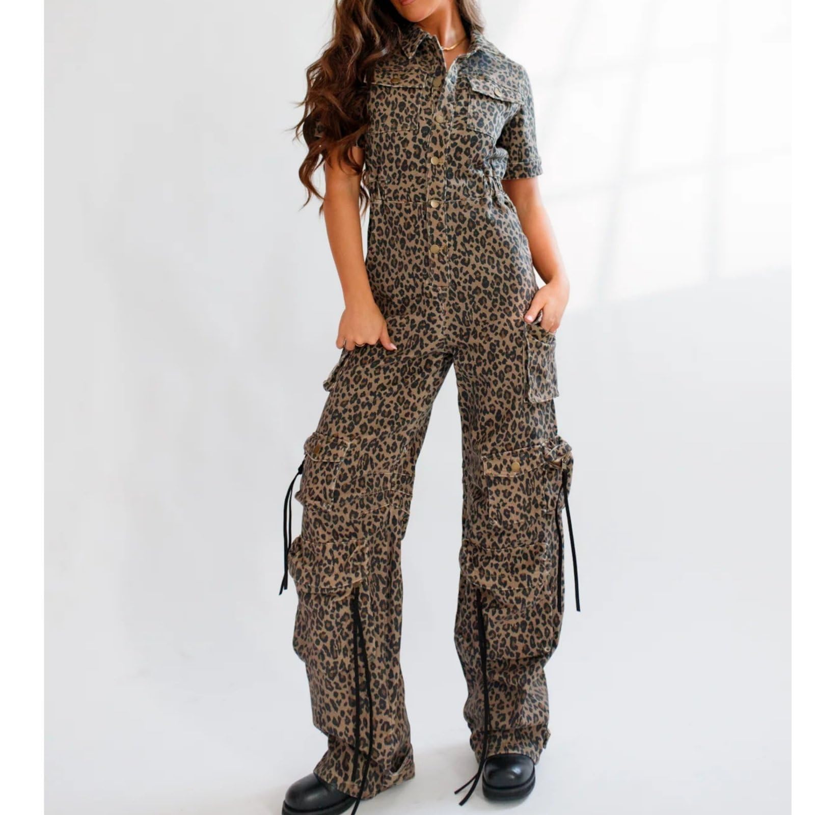 Modny kombinezon cargo dla kobiet Leopard Print Lapel Button Workowate pajacyki z kieszeniami