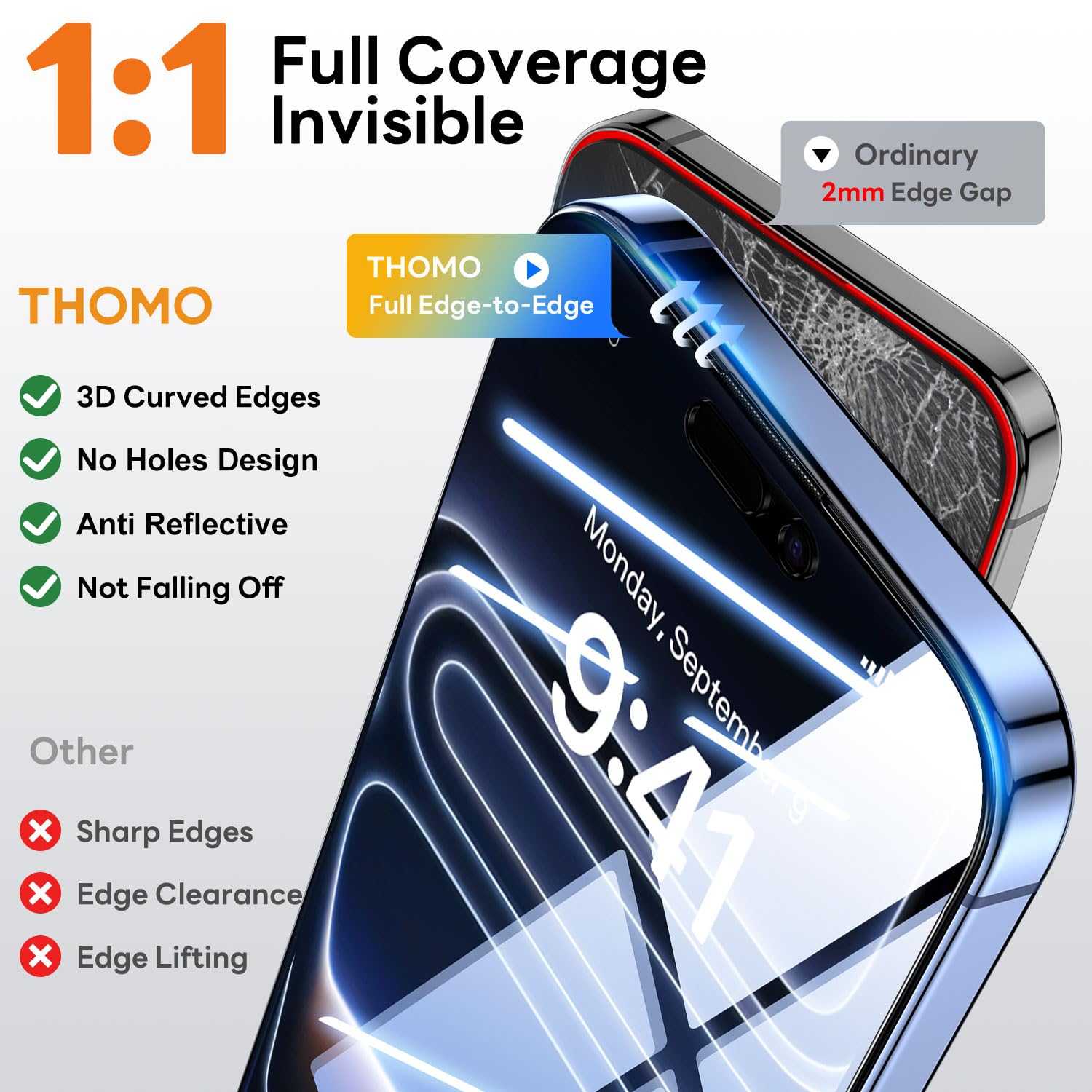 Thomo Privacy Screen Protector for iPhone 17 Pro Max 2 Pack, [25° Anti Spy] [Top 9H Tempered Glass] [15FT Military Grade Shatterproof] Full Edge Coverage, Bubble Free, Easy Install Case Friendly