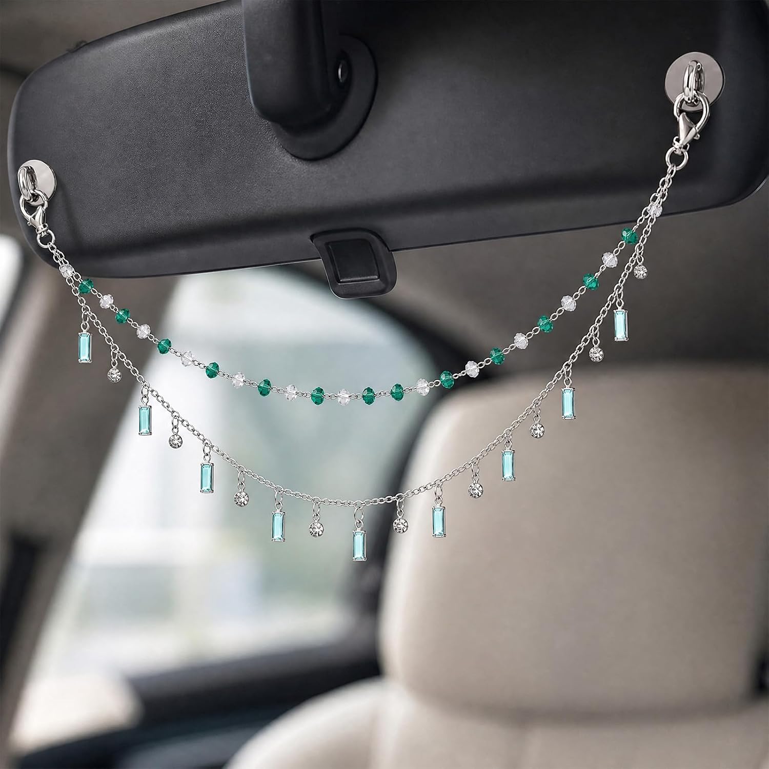 Rear View Mirror Car Charm Green Crystal Double Chain Car Decor image 3