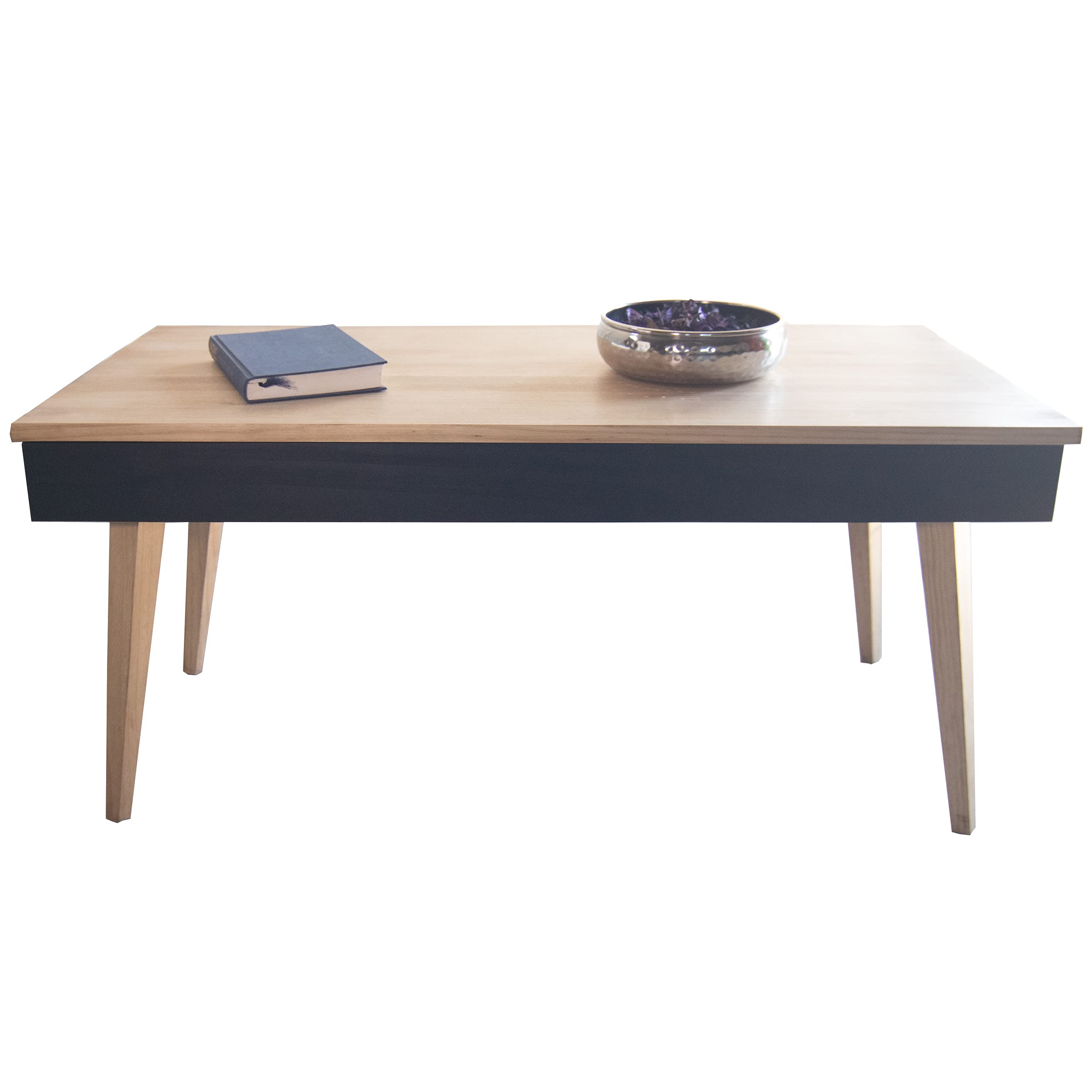 LoMasCasa - Mesa de Centro Elevable con Cajón Modelo Karol de Estilo Nórdico con Acabado Madera y Negro Fabricada en Madera Natural Maciza de Pino con Medidas: 100 x 50 x 47 cm