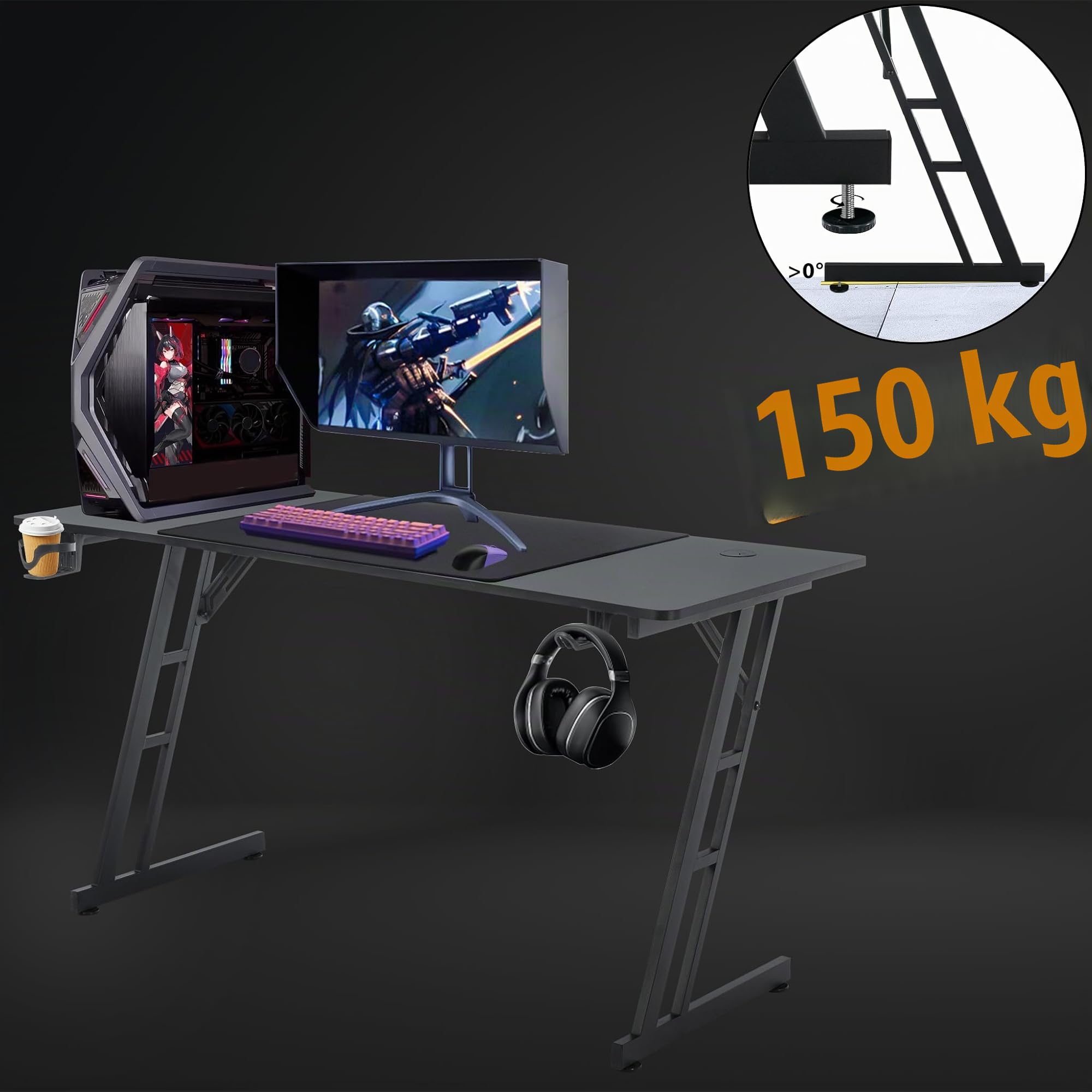 ACXIN 120x60 cm Gaming Tisch, Ergonomischer Z-förmiger Computertisch mit Kopfhörerhaken, Getränkehalter und Kohlefaser-Optik, Gaming Schreibtisch für PC, Laptop und Spiele - Schwarz