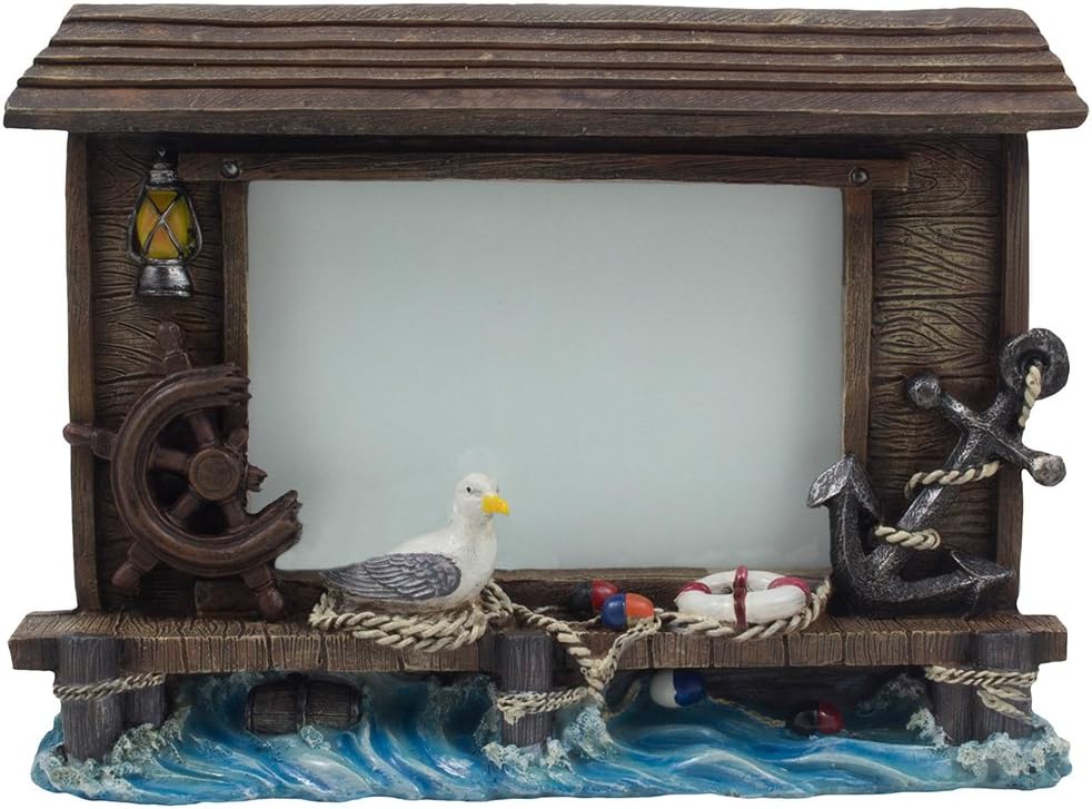 Decorative Fishing Dock Desktop Picture Frame with Anchor, Ship's Wheel, Lantern, Life Preserver and Seagull Holds 6 x 4 Photo for Nautical Decor As Ocean, Sea & Coastal Gifts