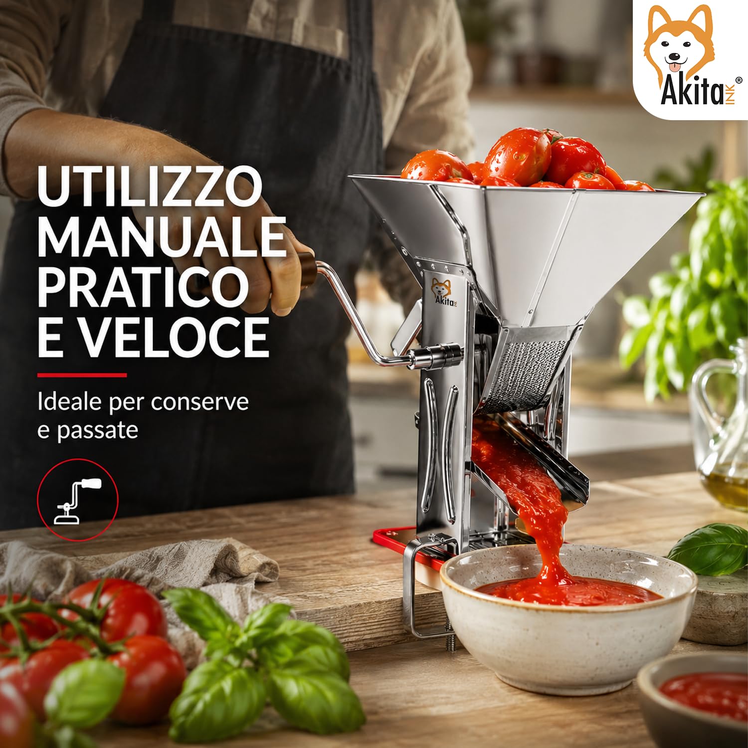 Akitaink Spremipomodoro Manuale in Acciaio Inox 18/C, Passapomodoro con Morsetto Fissaggio, Rullo in Alluminio e Retina Inox 18/10