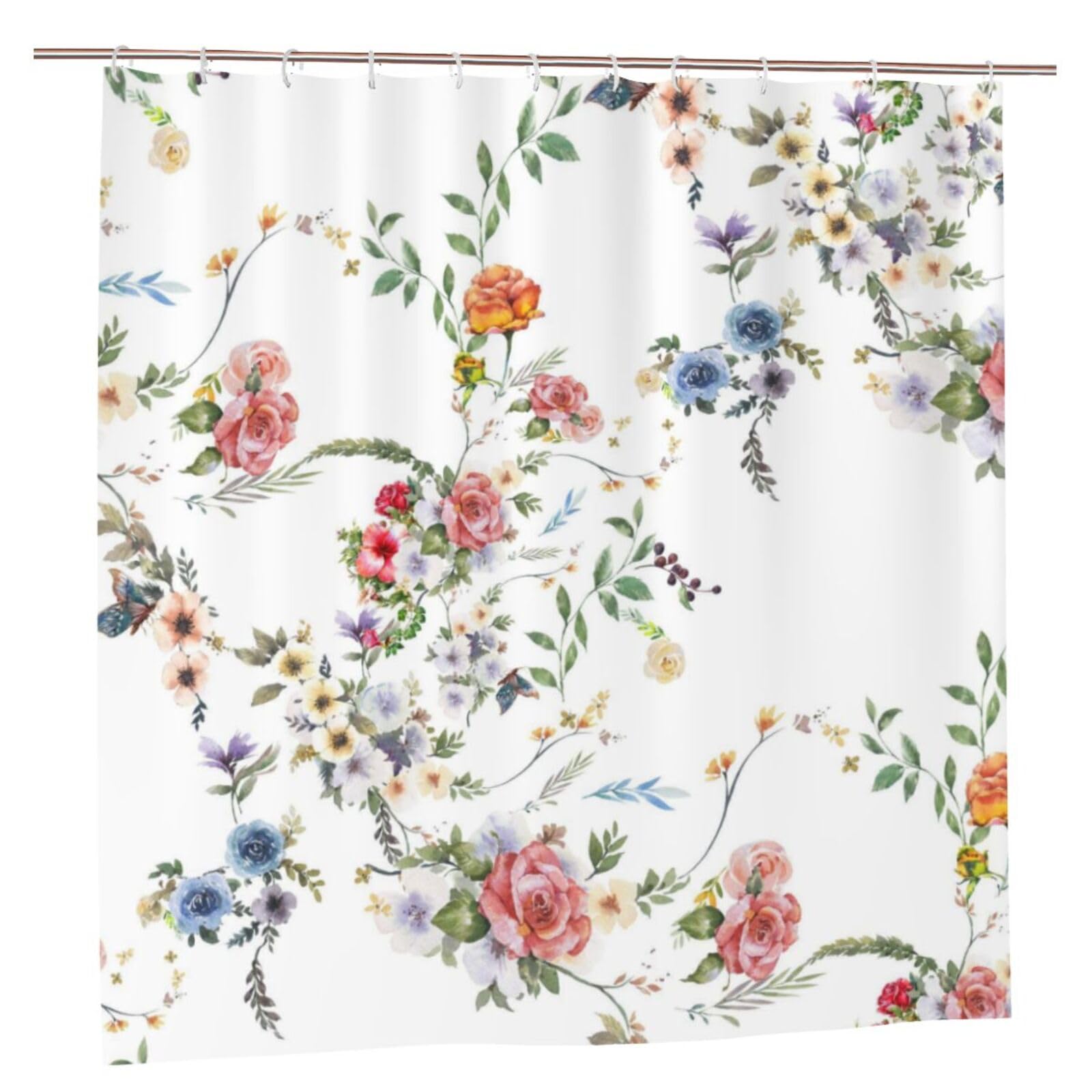 Oudrspo Polyester Fabric Shower Curtain - 70x70 Inch with Metal Grommets, Artistic Privacy Design, Watercolor Painting of Leaf and Flowers Seamless Pattern On White Background