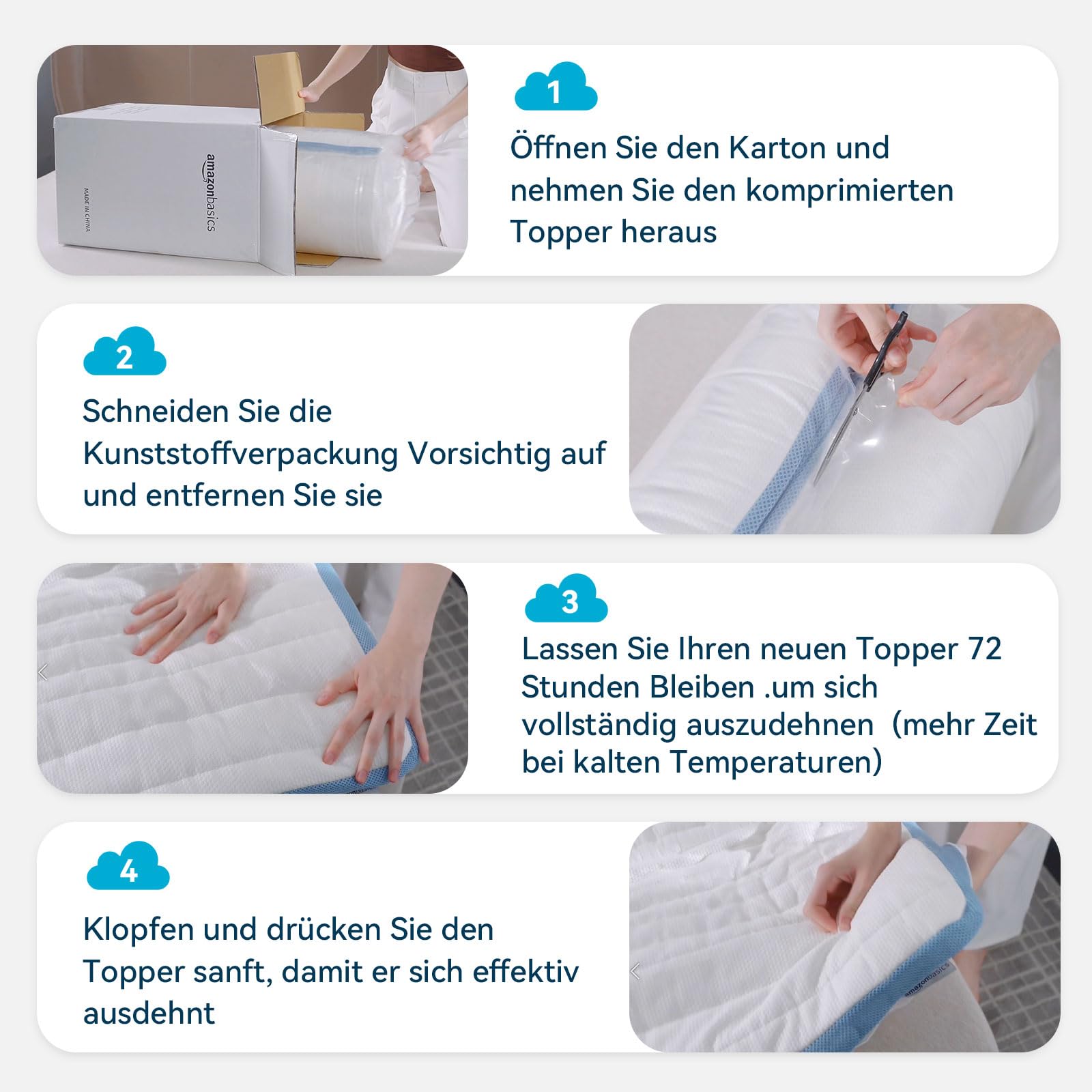 Amazon Basics Memoryschaum Matratzenauflage mit Bändern, 140 x 200 cm, 5 cm Höhe, weiß