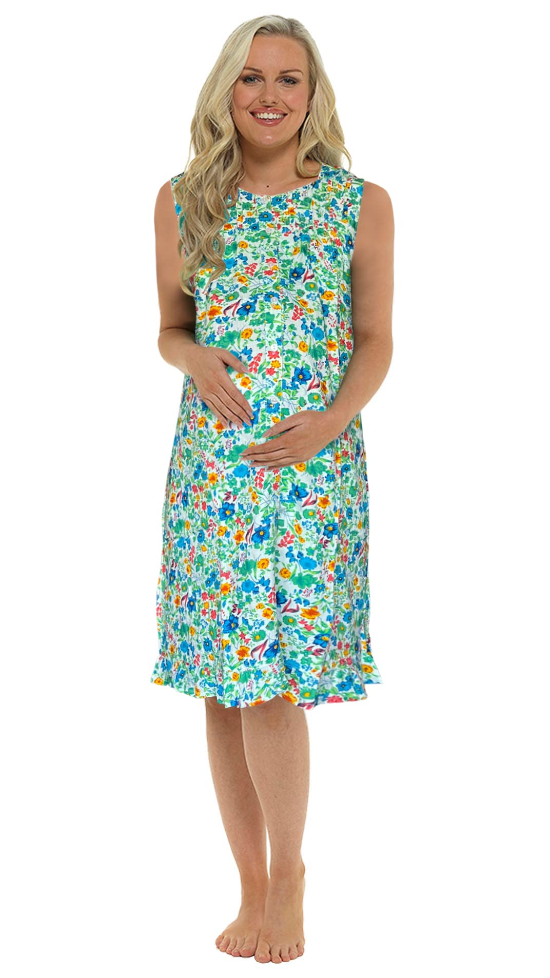 I-Smalls Women's Green Maternity Floral Nightie Super Soft Button Front Nursing Nightdress Sleeveless Breastfeeding Nightshirt (16-18)