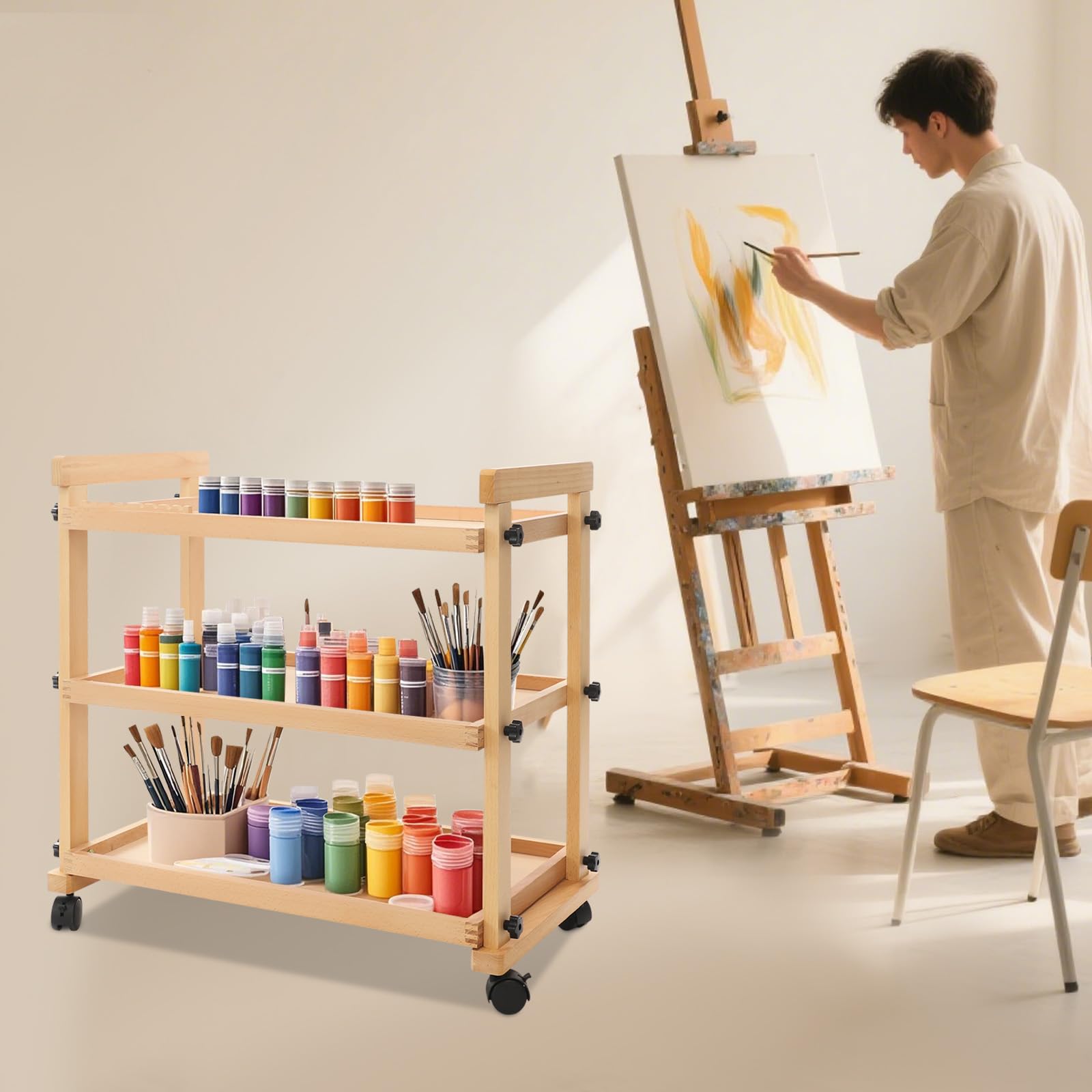 Carro artificial de madera de 3 niveles, 77,5 x 42 x 76,5 cm, carrito de pintura con ruedas, capacidad de carga total de 15 kg, carrito de pintura, carrito de almacenamiento multifuncional