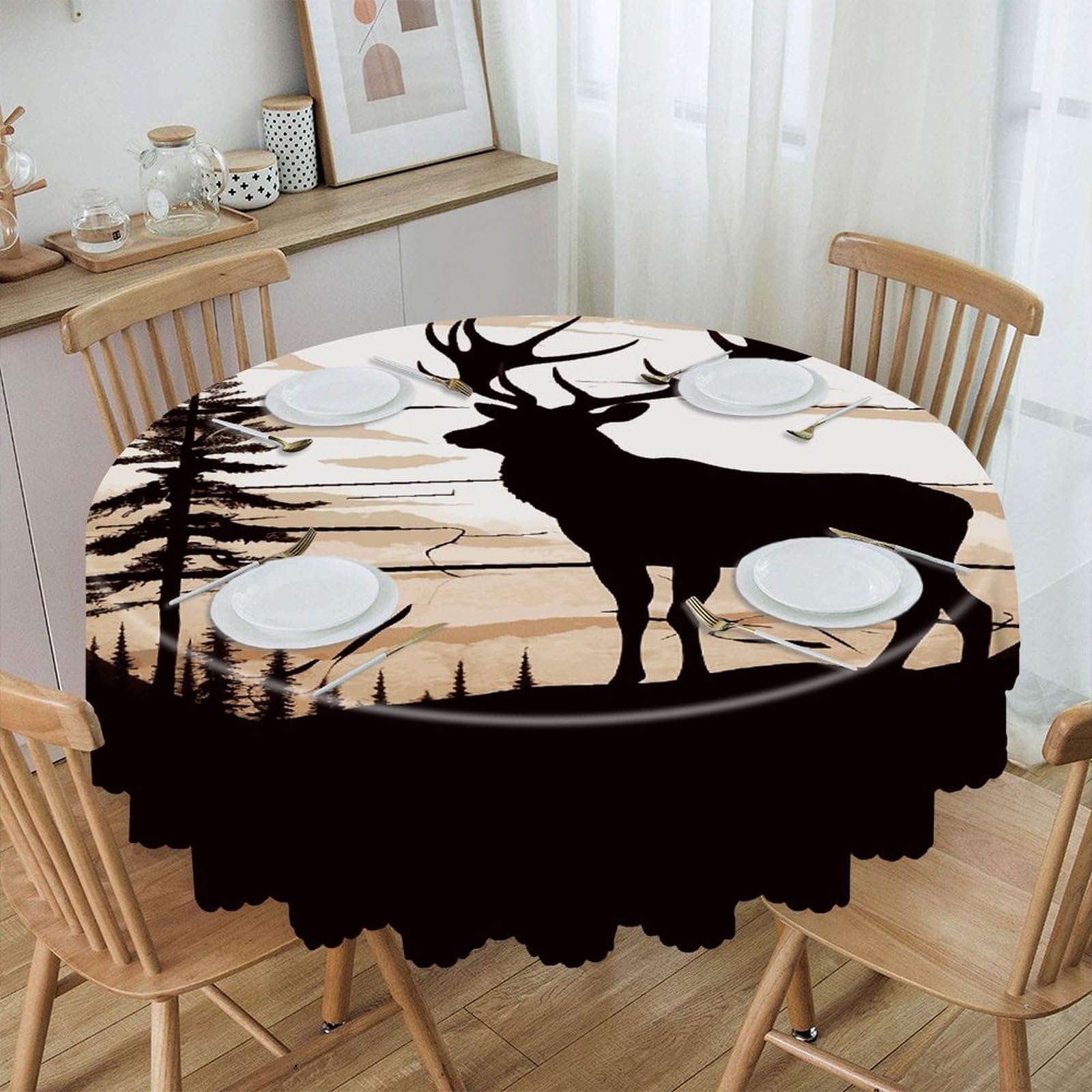 VstaDank Wild Elk Silhouette Round Tablecloth 60 Inch Easy to Clean Circle Table Cover Thick Decorative Round Polyester Table Cloth for Dining Kitchen Party Farmhouse Outdoor