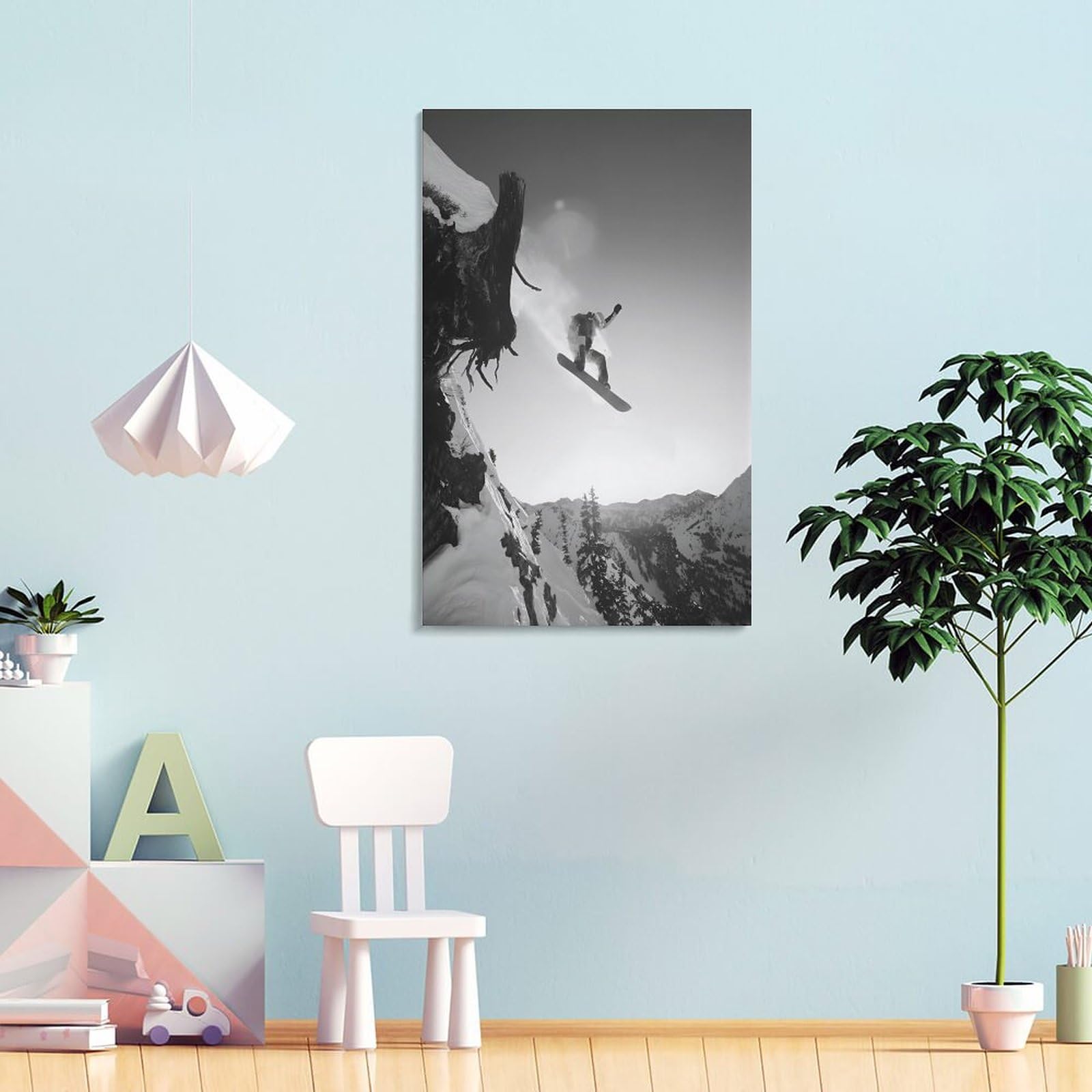 Poster Encadré Snowboard - Impression Art 30 X 41 Cm, Cadre Styrène - Déco Murale Sport Hiver