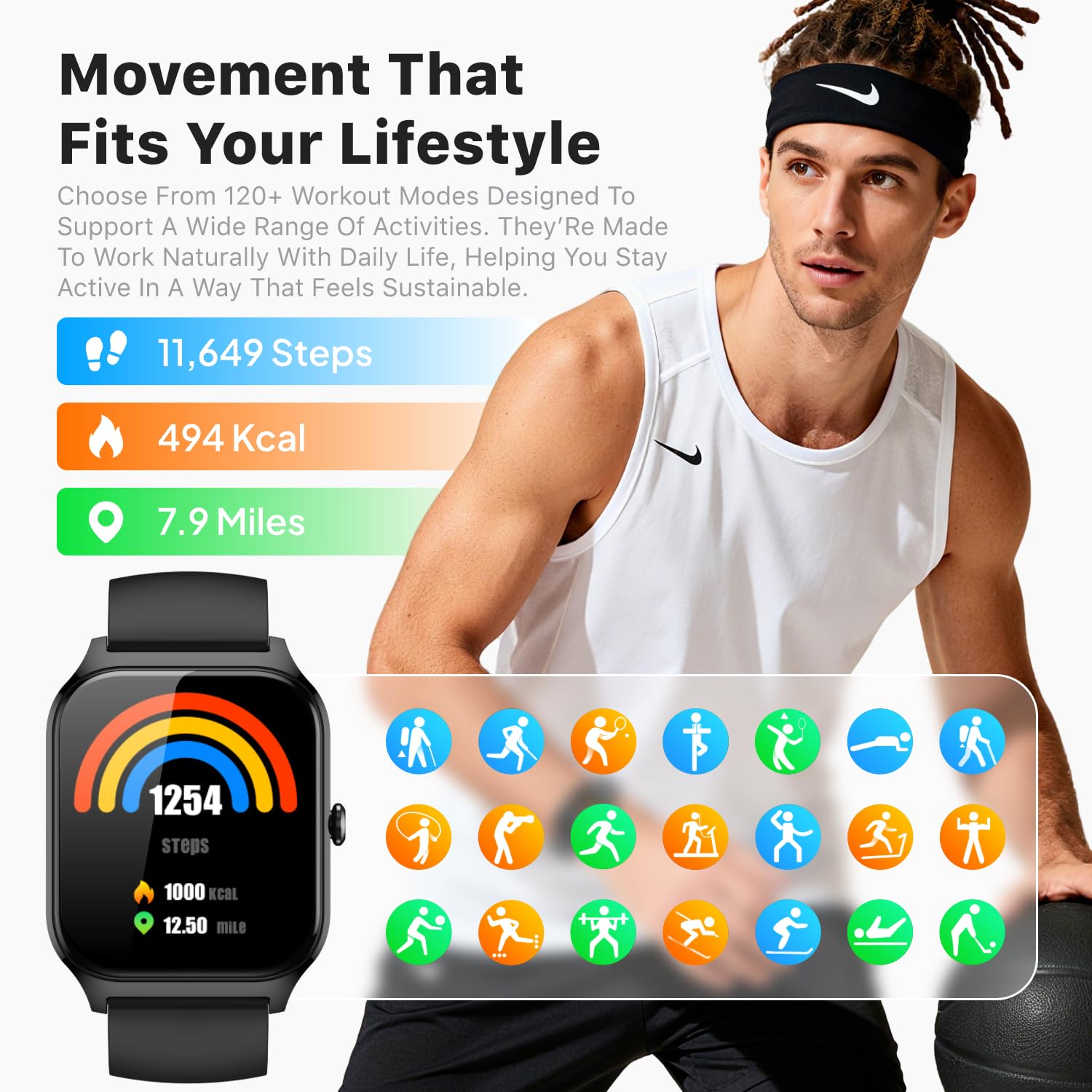 Smart Watch for Women Men - Answer/Make Call, Fitness Tracker Smartwatch for Android iPhone Compatible, Sleep Female Cycle, 120+ Sports Modes Step Counter (Midnight Black, 2 Straps) — view 5