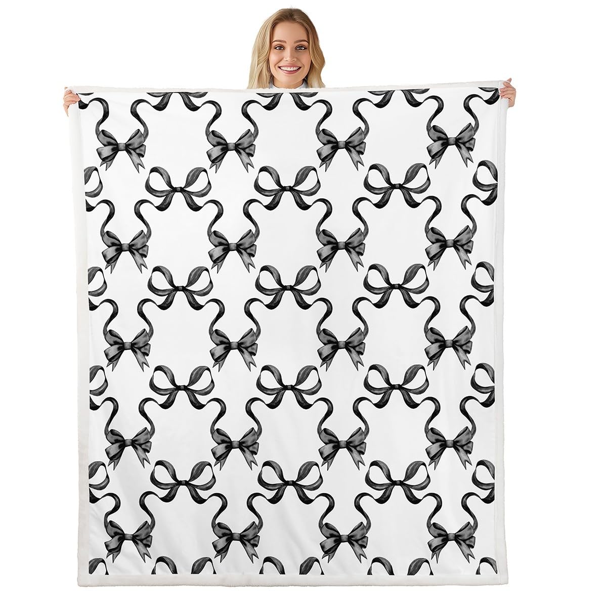 feelingyou Black Bowknot Throw Blanket,Princess Style Watercolor Bow-tie Bed Blanket for Boys Girls,Fairy Tale Bow Ribbon Stripes Fleece Blanket,Black White Fuzzy Blanket,40 x 50 Inches