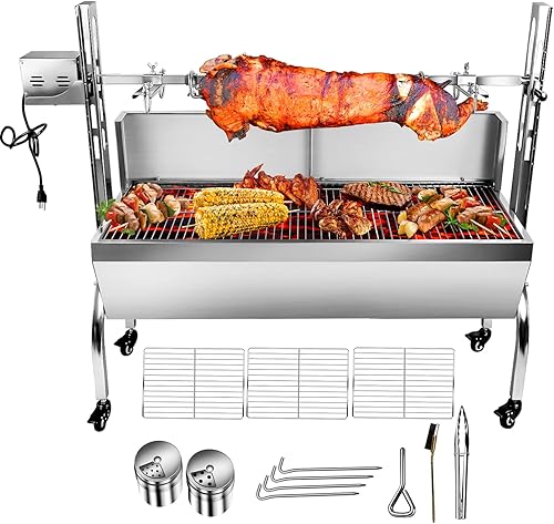 Parrilla asadora de acero inoxidable de 176 libras con deflector de viento, motor de 25 W, asador de cordero pequeño de cerdo, asador de carbón de