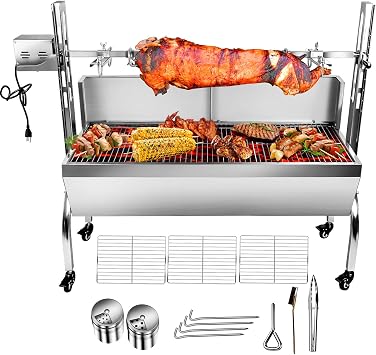 176LBS Stainless Steel Rotisserie Grill With Back Cover Guard, 25W Motor Small Pig Lamb Roaster, 37 2 in 1 BBQ Charcoal Grill for Camping Outdoor Kitchen