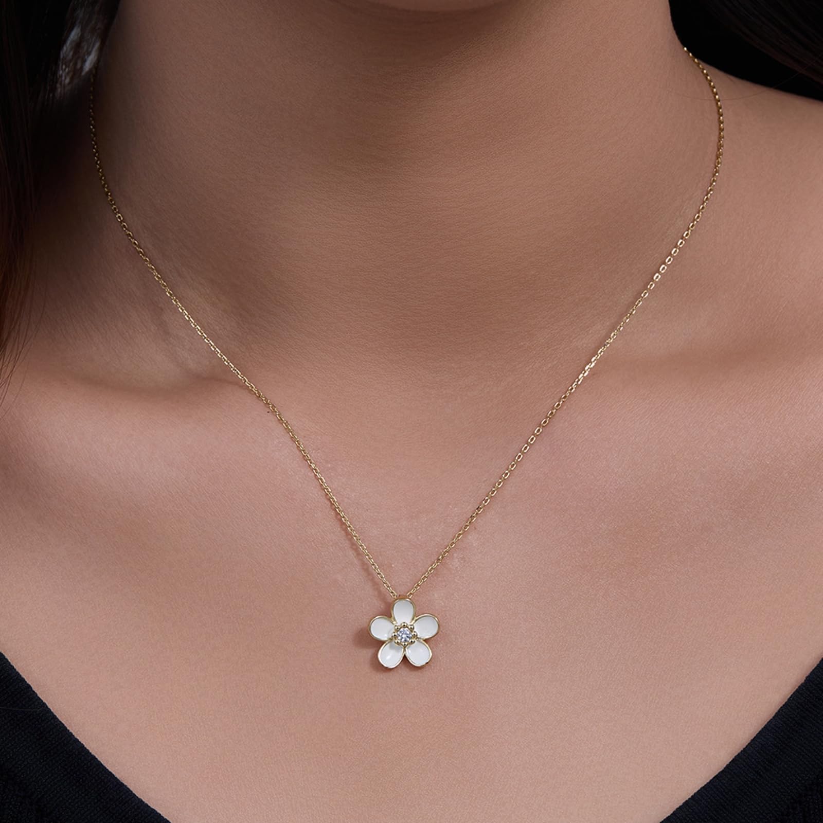 Collar con colgante de flor para mujer, cadena de oro amarillo de 9 quilates, 14 quilates, 18 quilates con diamante, collar con colgante individual para ella, 40 + 5 cm