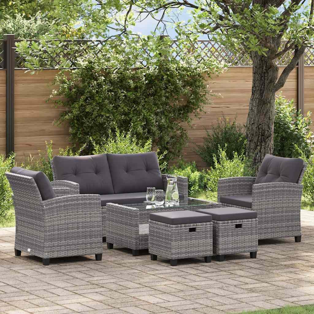 Sofa Terraza Exterior, Muebles Jardin Exterior, Conjunto Jardín de Ratán, Sofas Exteriores de Jardin, Muebles de jardín 6 pzas y Cojines ratán sintético Gris Oscuro