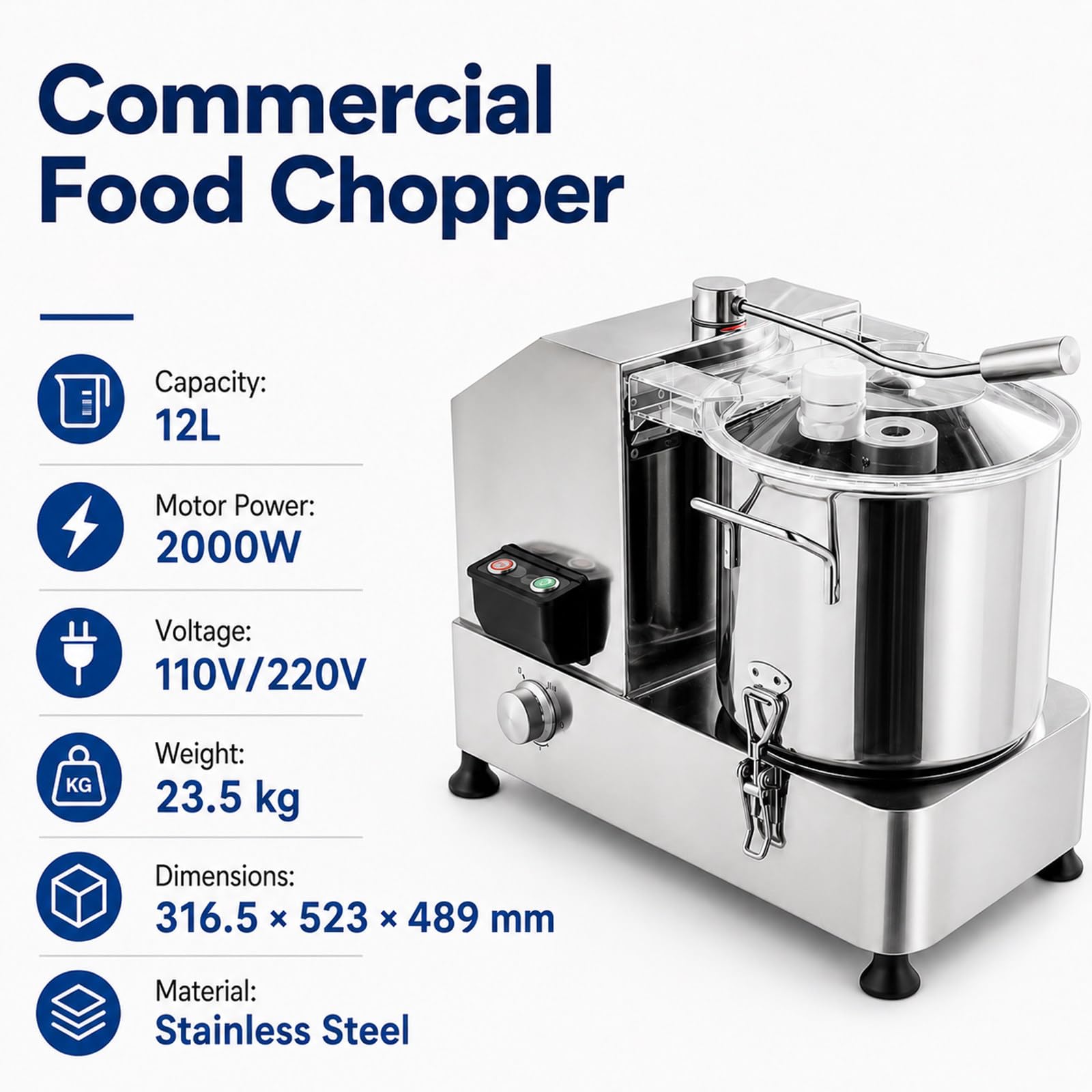 Tritatutto Professionale, Robot Cucina Multifunzione, all in One, Motore 2000W, Ciotola Removibile, Facile Pulizia, per ristoranti e Carne macinata 12L