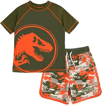 Jurassic Park T-Rex UPF 50+ Rash Guard Twill Swim Trunks Outfit Set Toddler