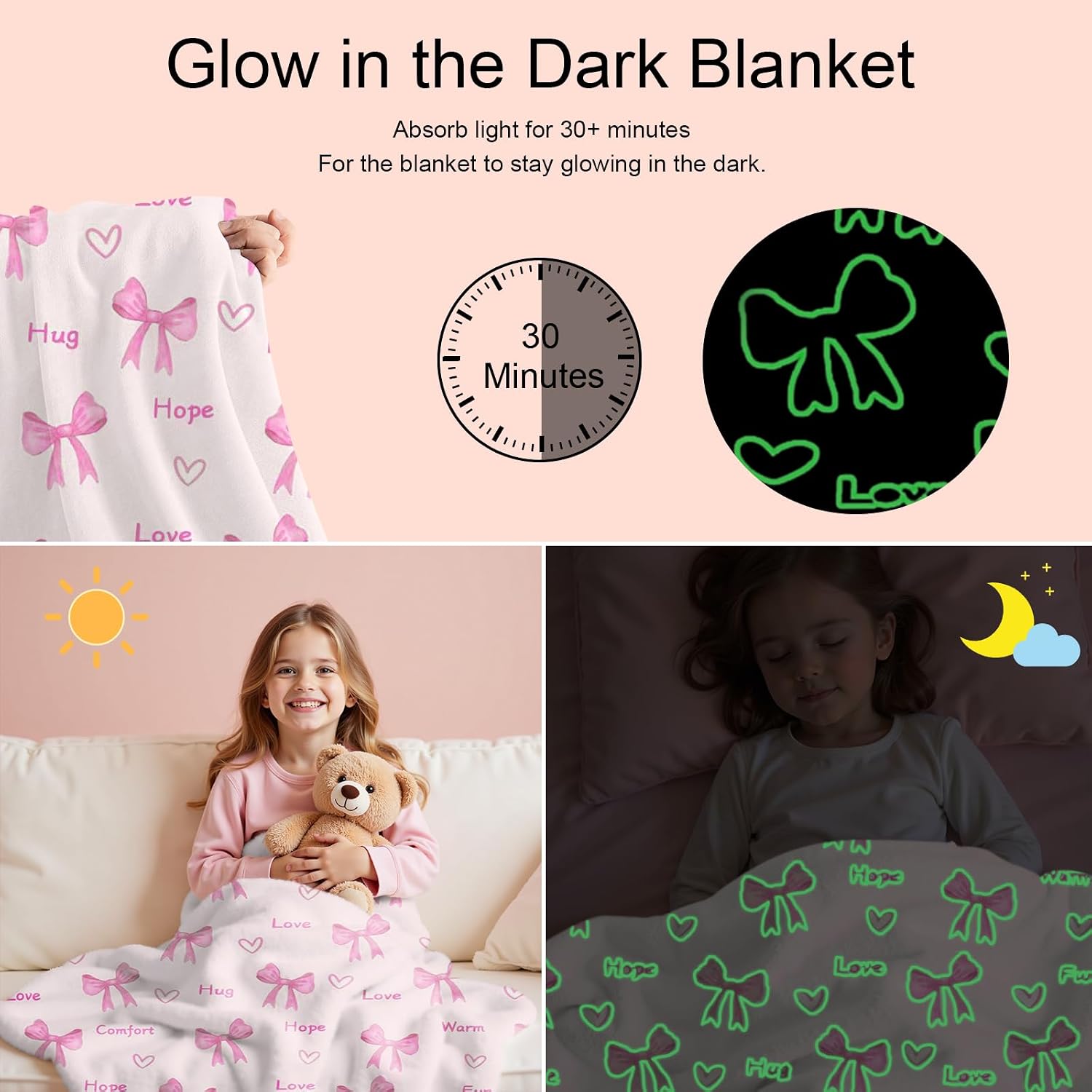 Wajade Pink Bow Glow in The Dark Love Blanket Birthday Gifts for Girls 1 2 3 4 5 6 7 8 9 10 11 12 Kids Blanket with Heart Christmas Girl Gifts Ideas Cute Bedroom Decor 60"×80" image 3