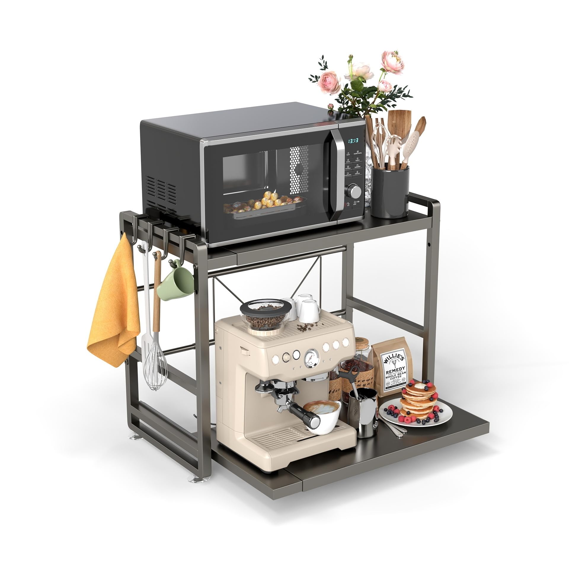 BeSokar Scaffale per microonde a 2 livelli – Ripiano da cucina regolabile in altezza e estraibile con cassetto – In acciaio al carbonio – Con ganci e ventose di rinforzo – Montaggio semplice (Nero)